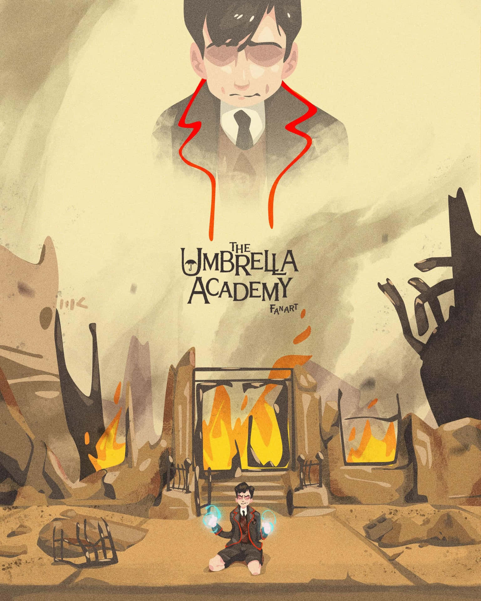 Fem Umbrella Academy – Superhelte Forener på en rød og sort baggrund. Wallpaper
