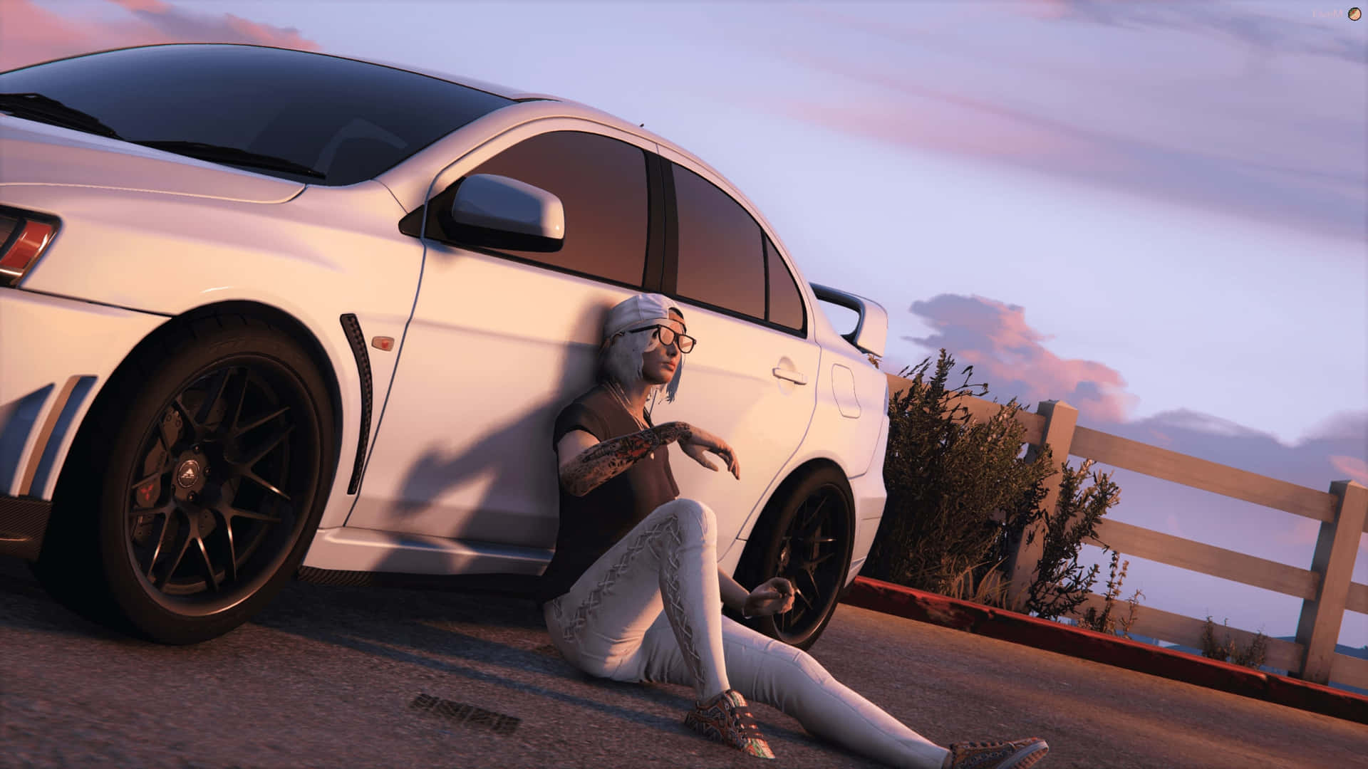 En kvinde ligger på jorden ved siden af ​​en hvid bil Wallpaper