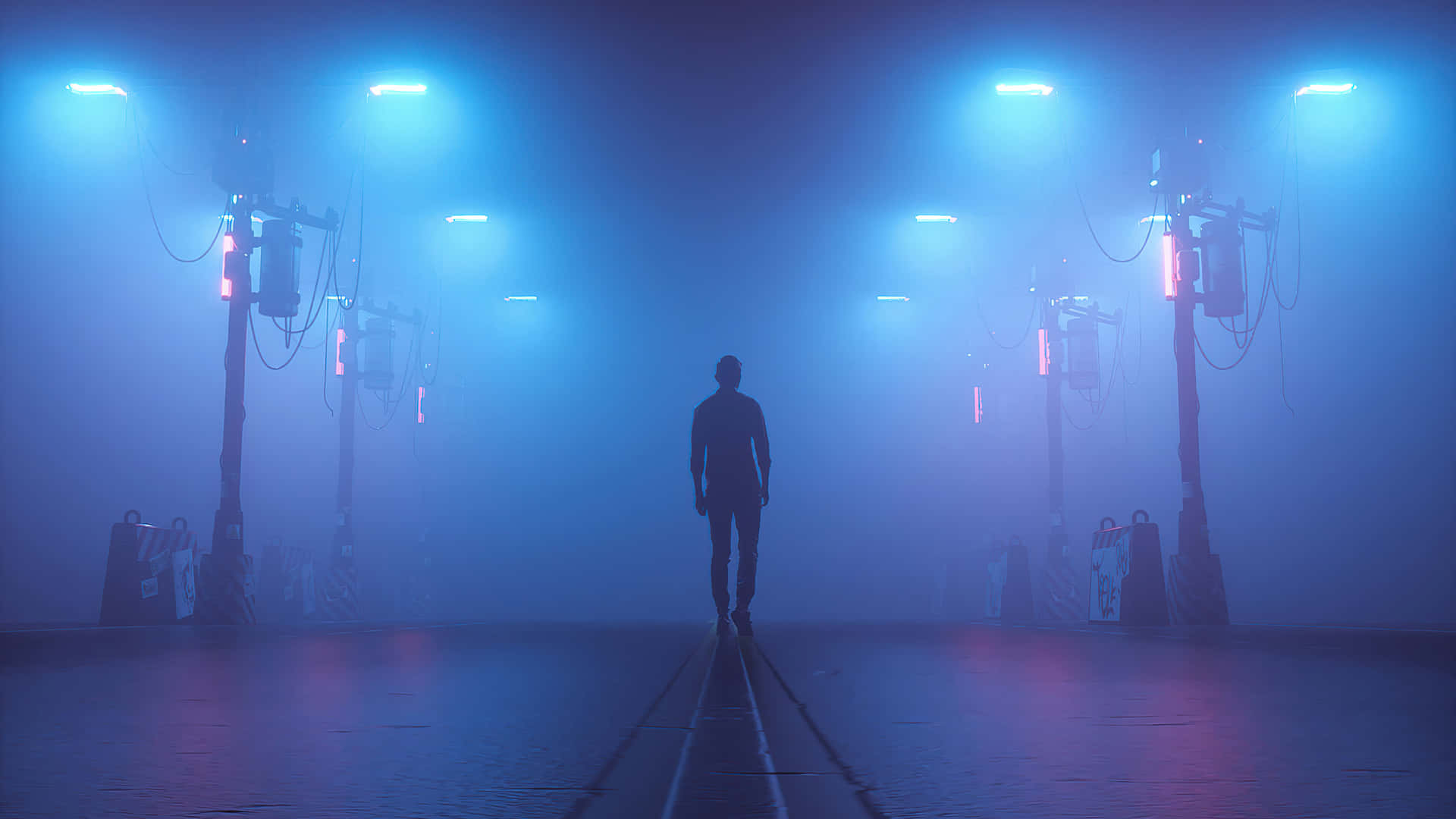 A Person Standing In A Foggy Tunnel With Blue Lights Wallpaper