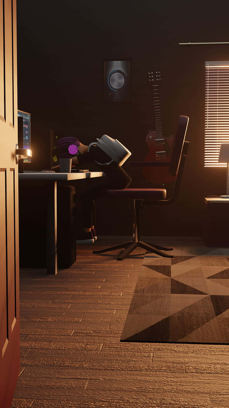 A Room With A Desk, Chair, And A Lamp Wallpaper