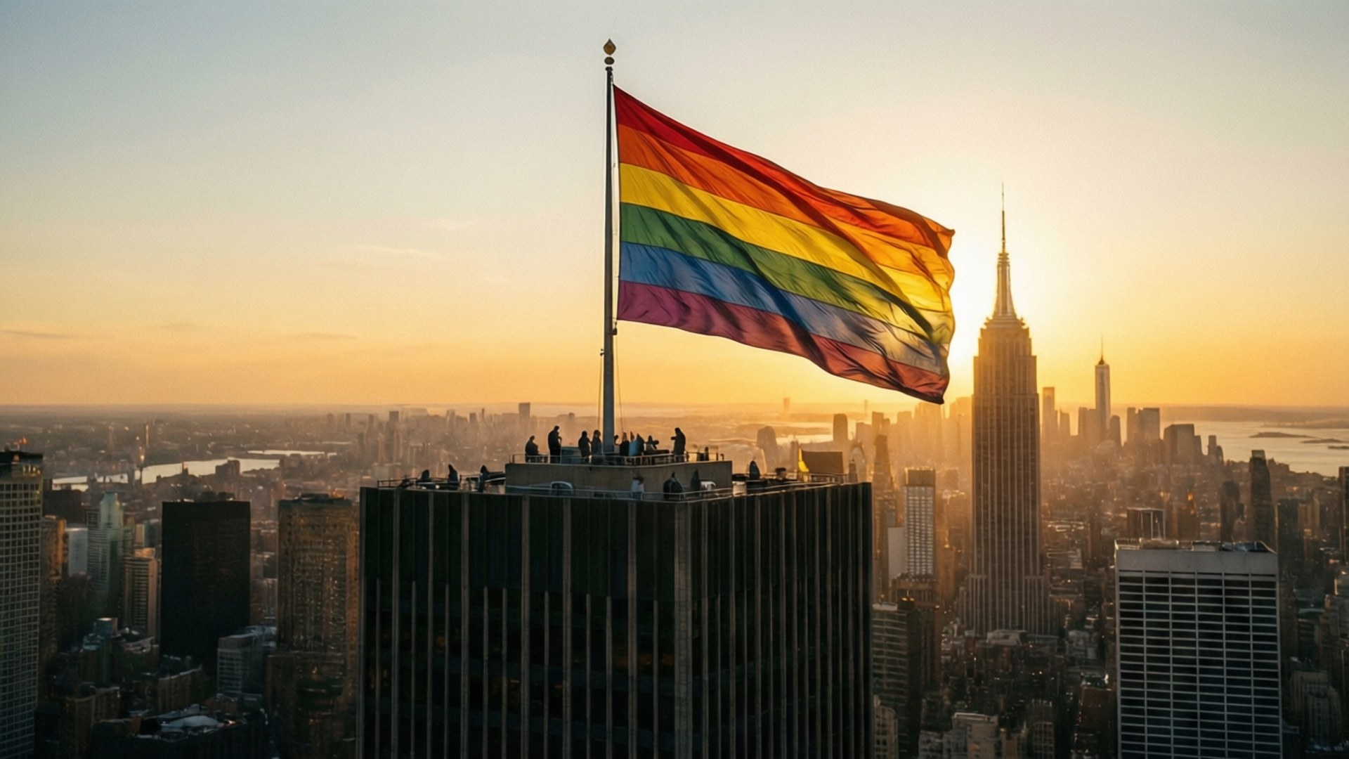 Flagge auf Wolkenkratzer Hintergrundbilder — Eine Regenbogen-Pride-Flagge, die bei Sonnenuntergang von einem Wolkenkratzer weht, mit warmem goldenem Licht und Stadtsilhouetten.