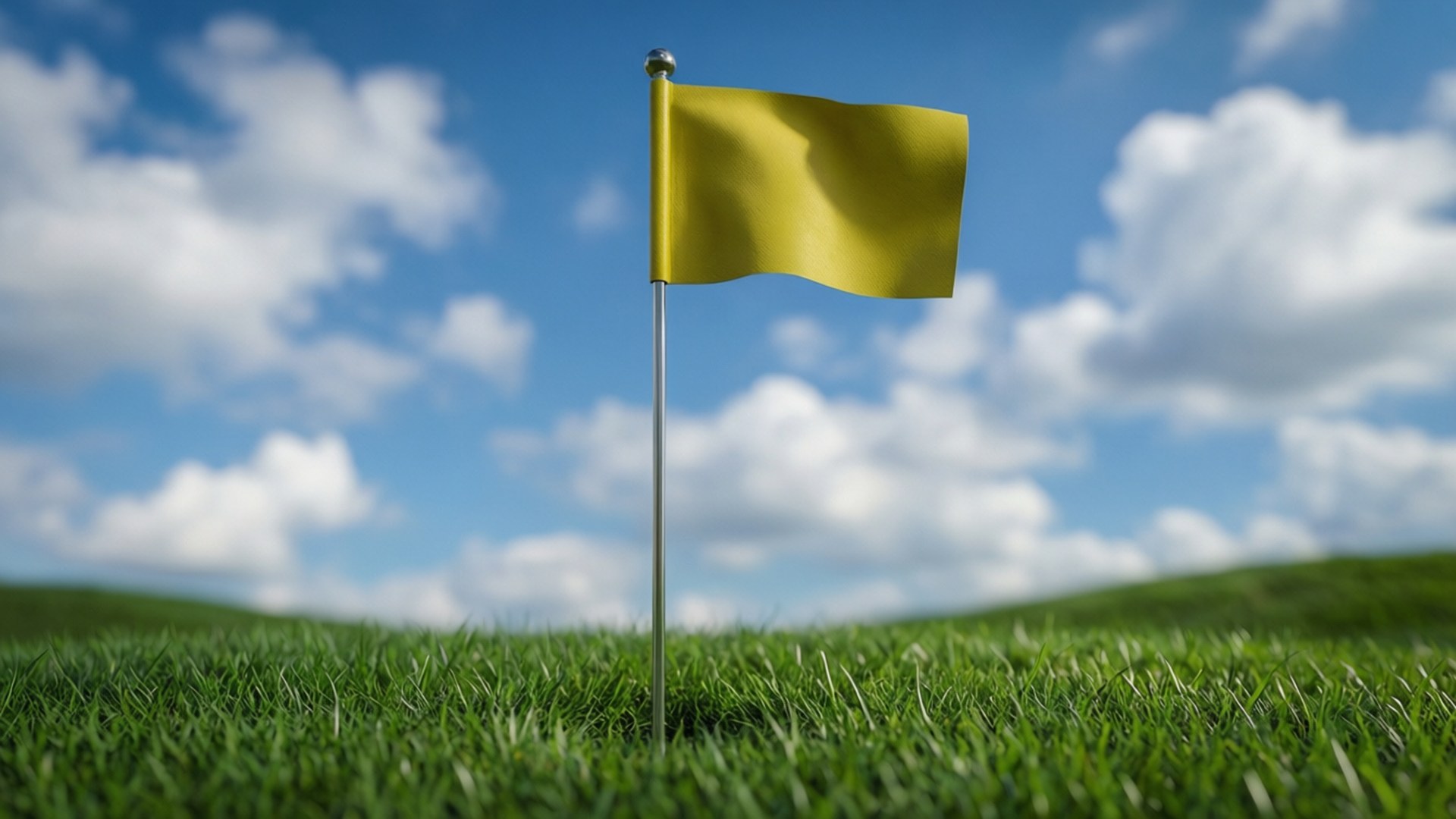 Et lavt 3D-perspektiv av en golf-flaggstang mot en lys himmel.