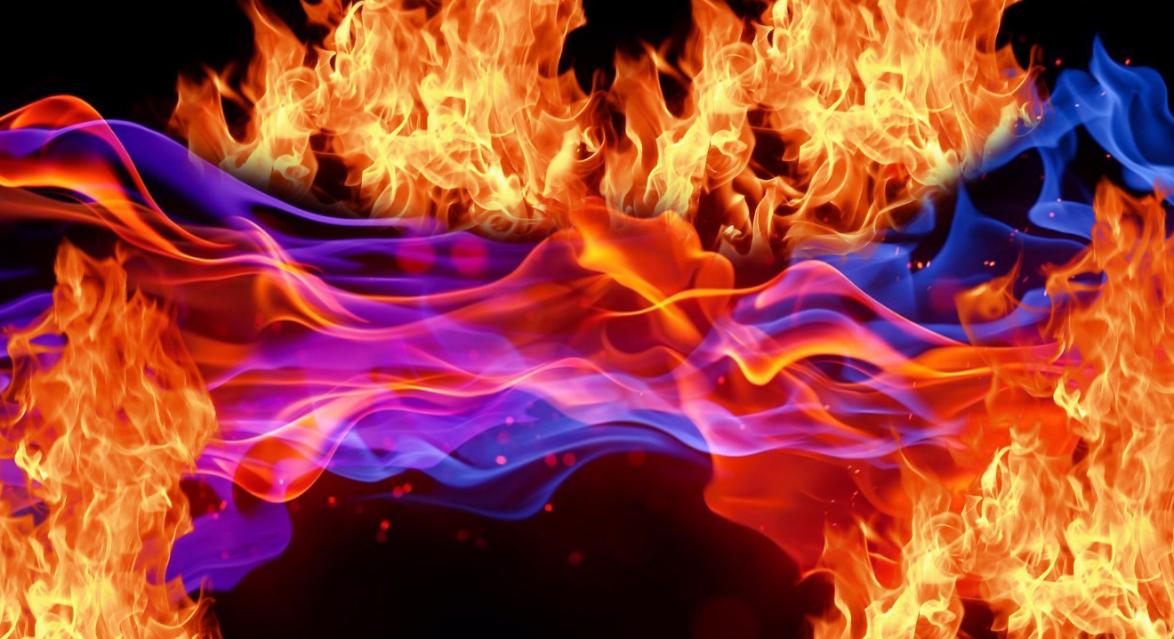 Red Blue Fire Flame HD Background — Vivid orange and blue flames swirl dynamically against a black background with glowing embers.