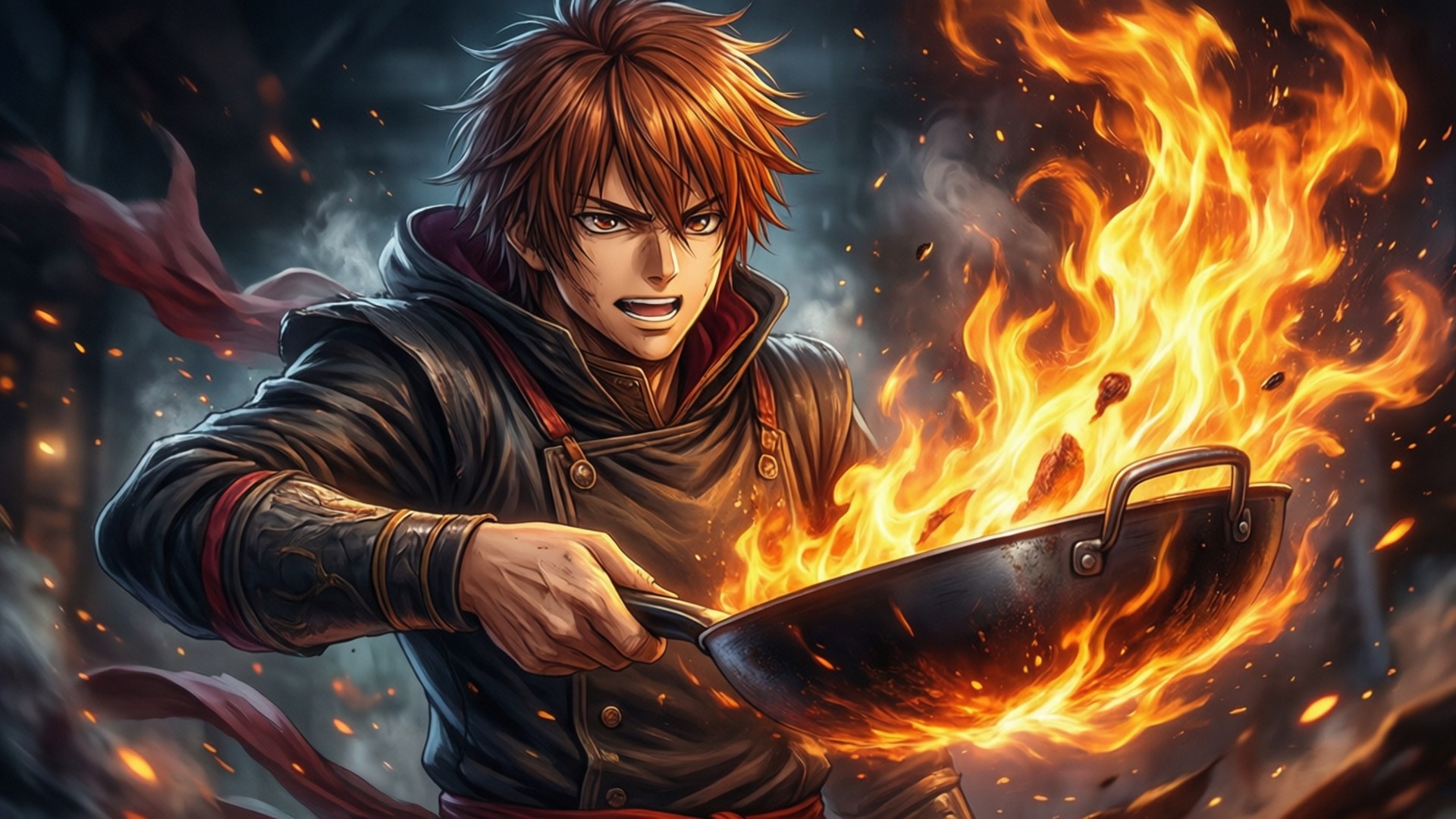 Soma Yukihira cooking with fiery passion in a dynamic action pose.