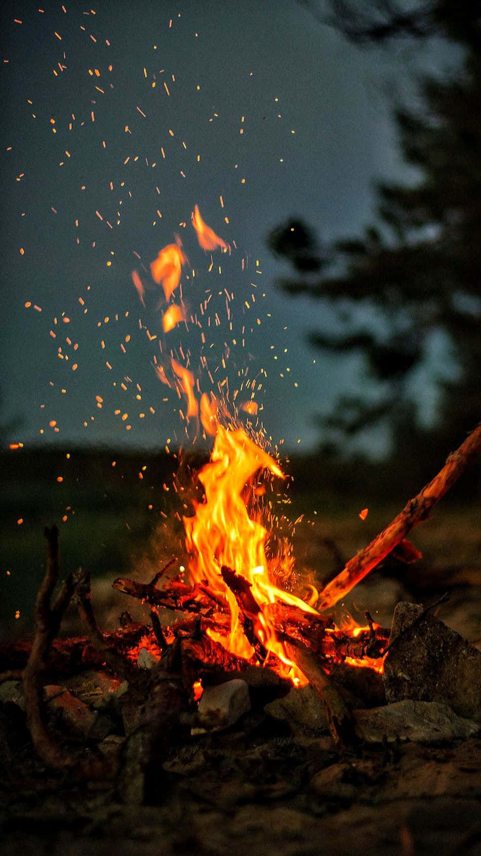 A Campfire With Fire And Sticks In The Night
