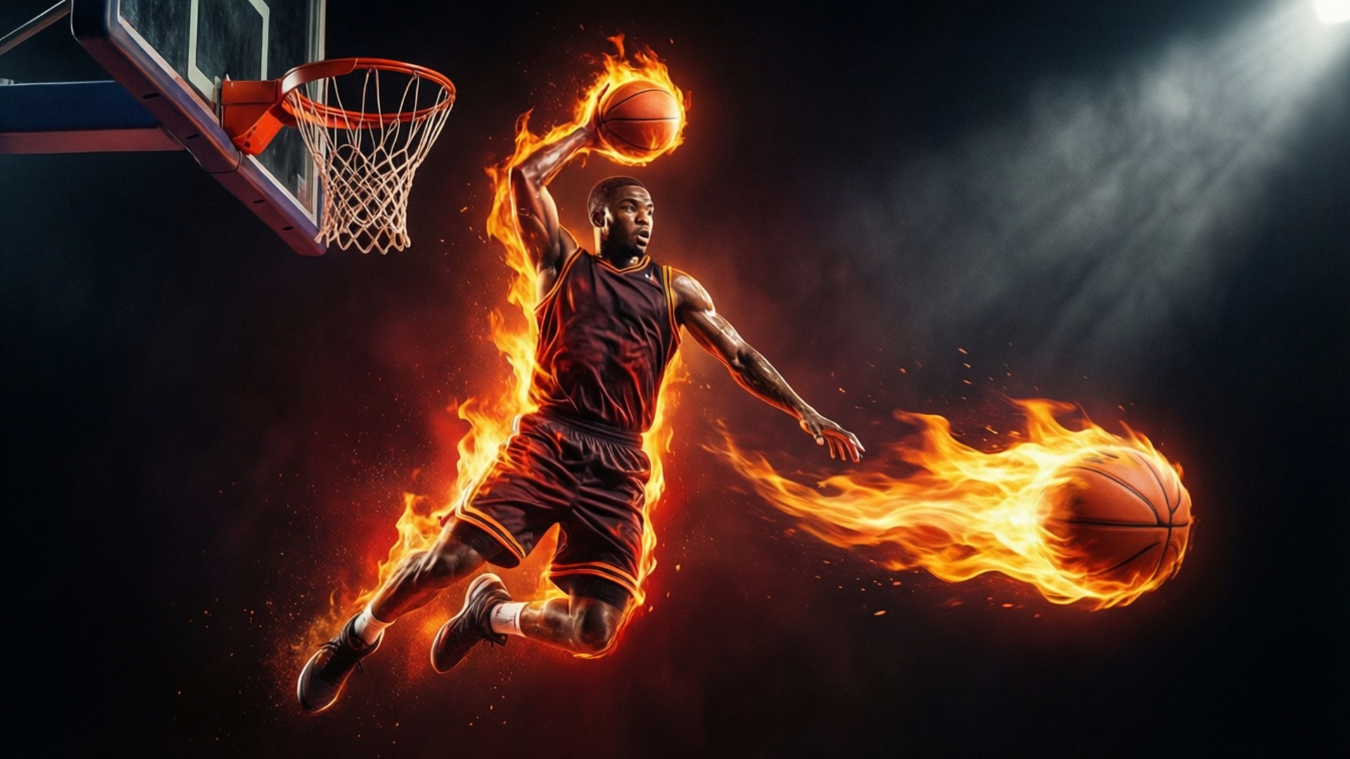 En flammende basketballspiller i luften, der dunker med ild efter bolden.