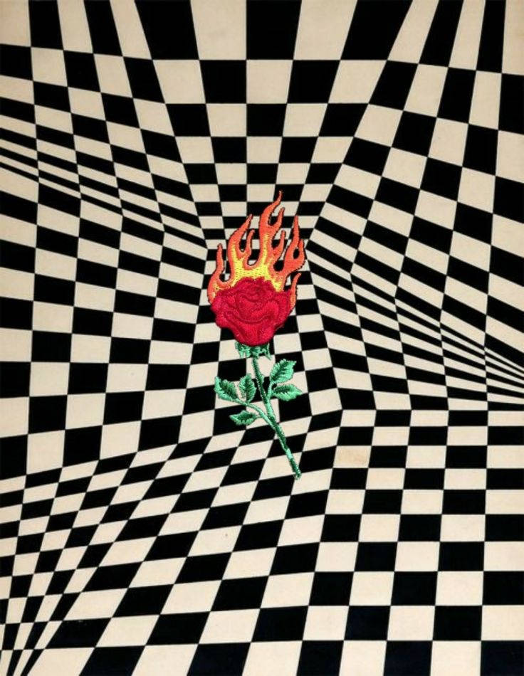 Flaming Rose Adorned over Distorted Black and White Squares Wallpaper