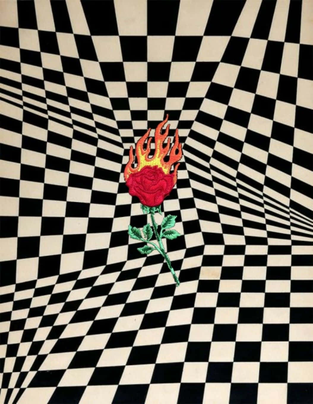Flaming Roseon Checkered Background Wallpaper