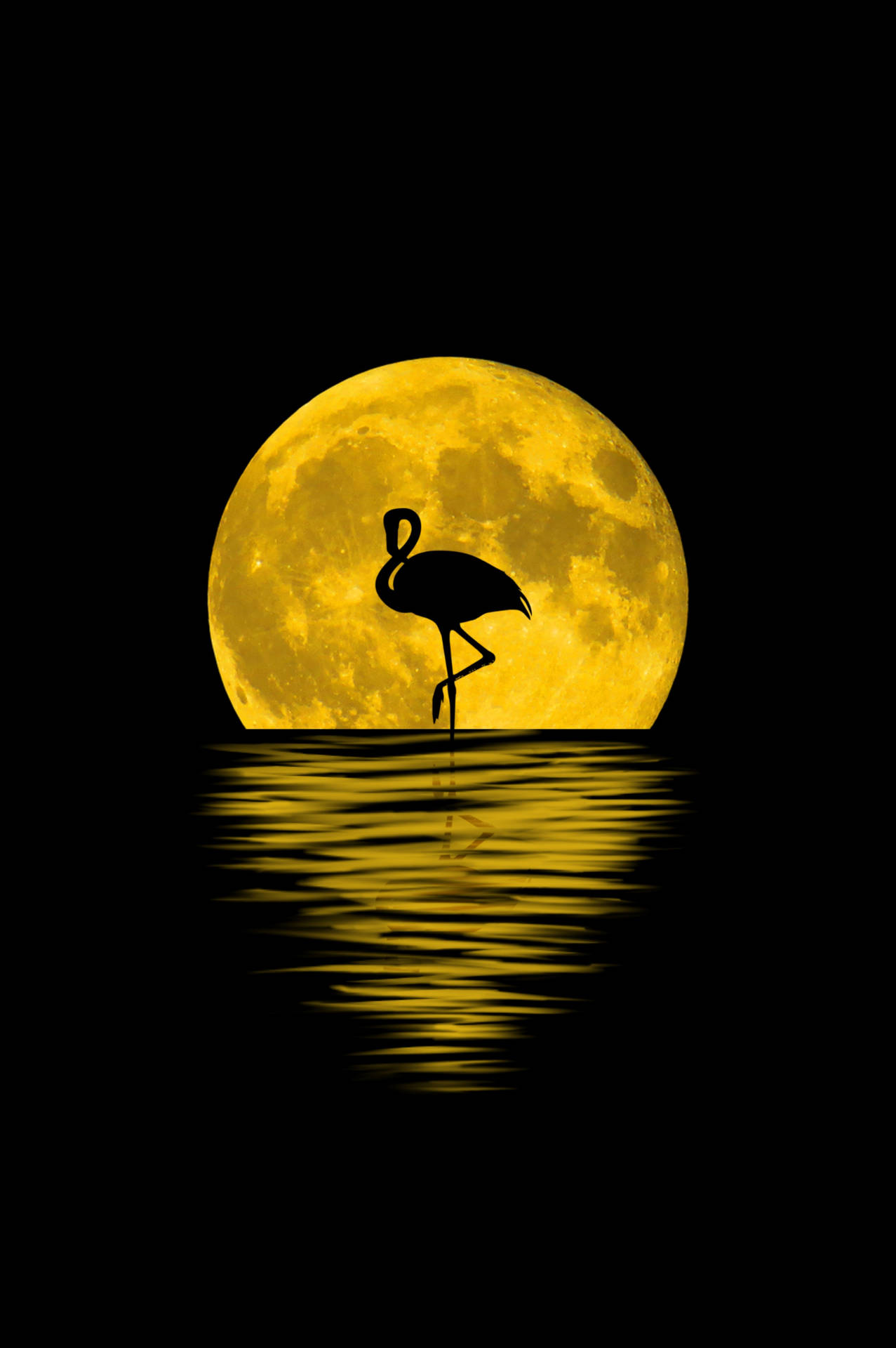 Silhouette of a Flamingo in a Yellow Moonlight Wallpaper