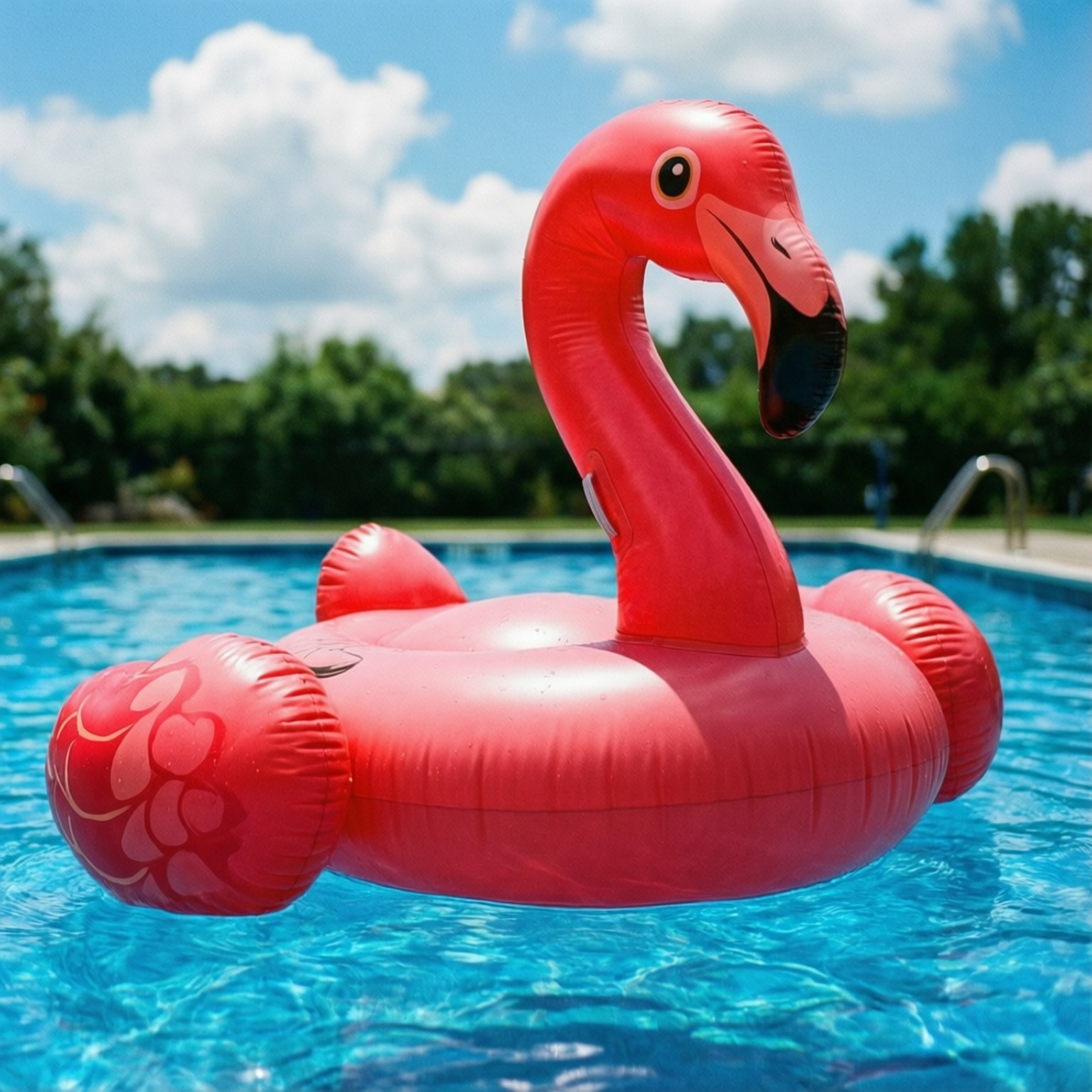 Rosa flamingo-poolfloat i klart blått vatten under solig himmel.