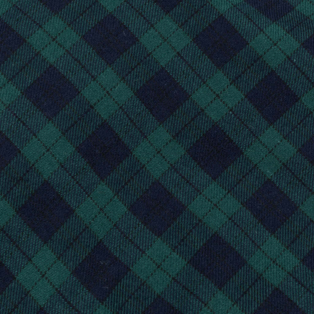 a close up of a green and black plaid tie
