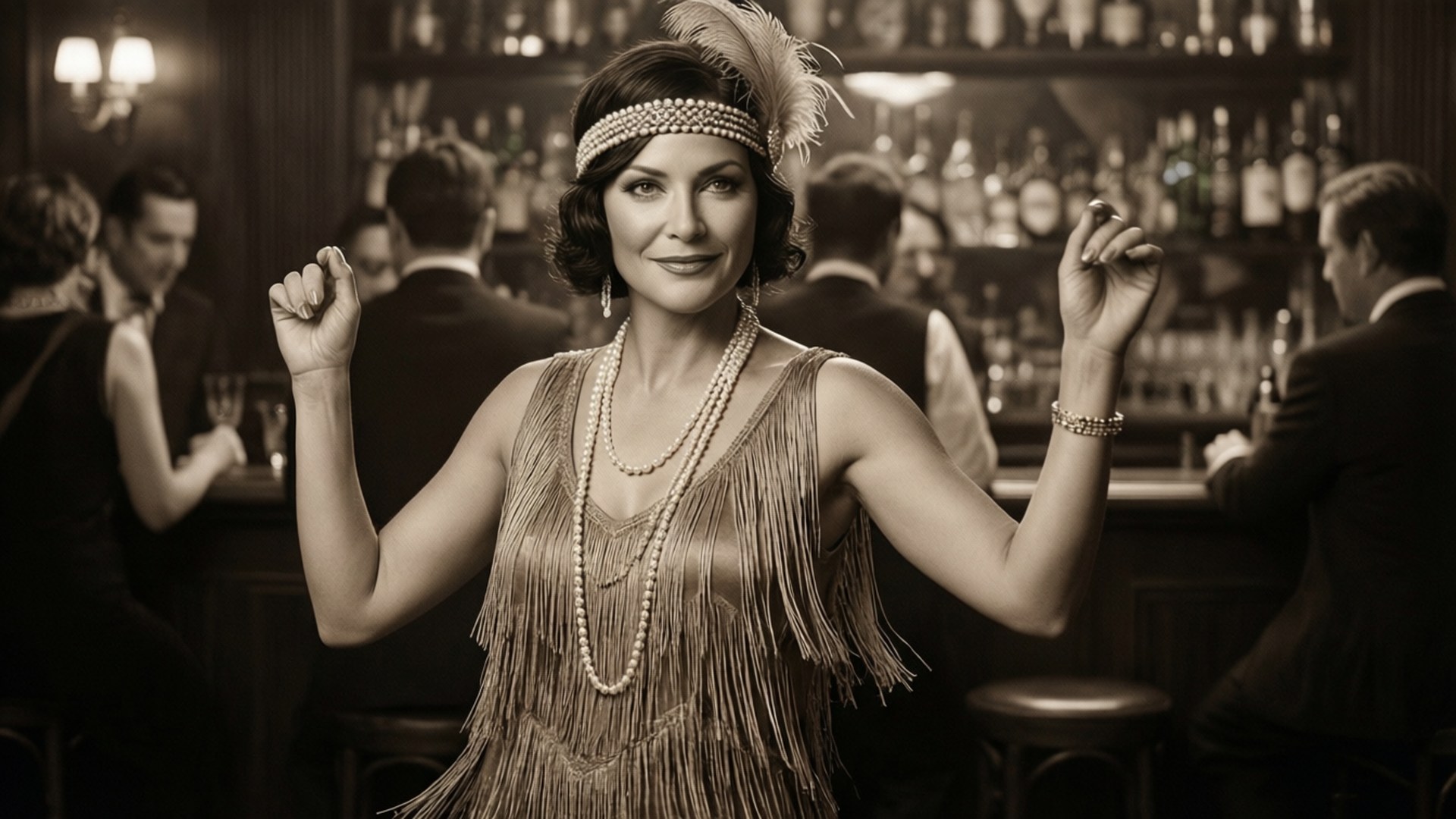 Flapper Glam Taustakuvat — Glamourööinen nainen hapsullisessa flappermekossa ja höyhenpannassa hymyilee itsevarmasti vintage-speakeasy-baarissa.