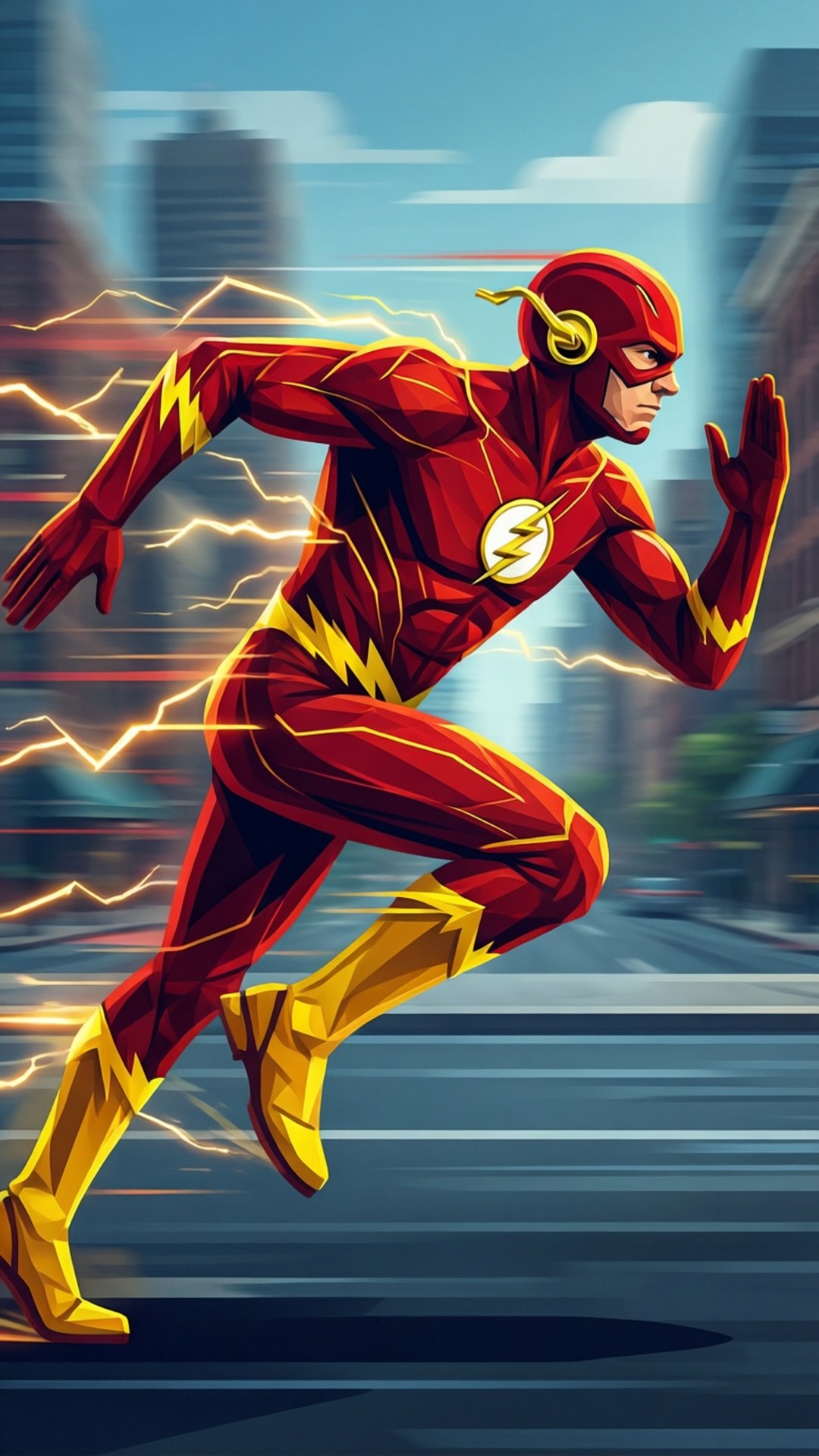Flash Speed Vector Achtergronden — The Flash rent door een stadslandschap met bliksemsporen die achter hem aan strekken in een dynamische digitale illustratie.