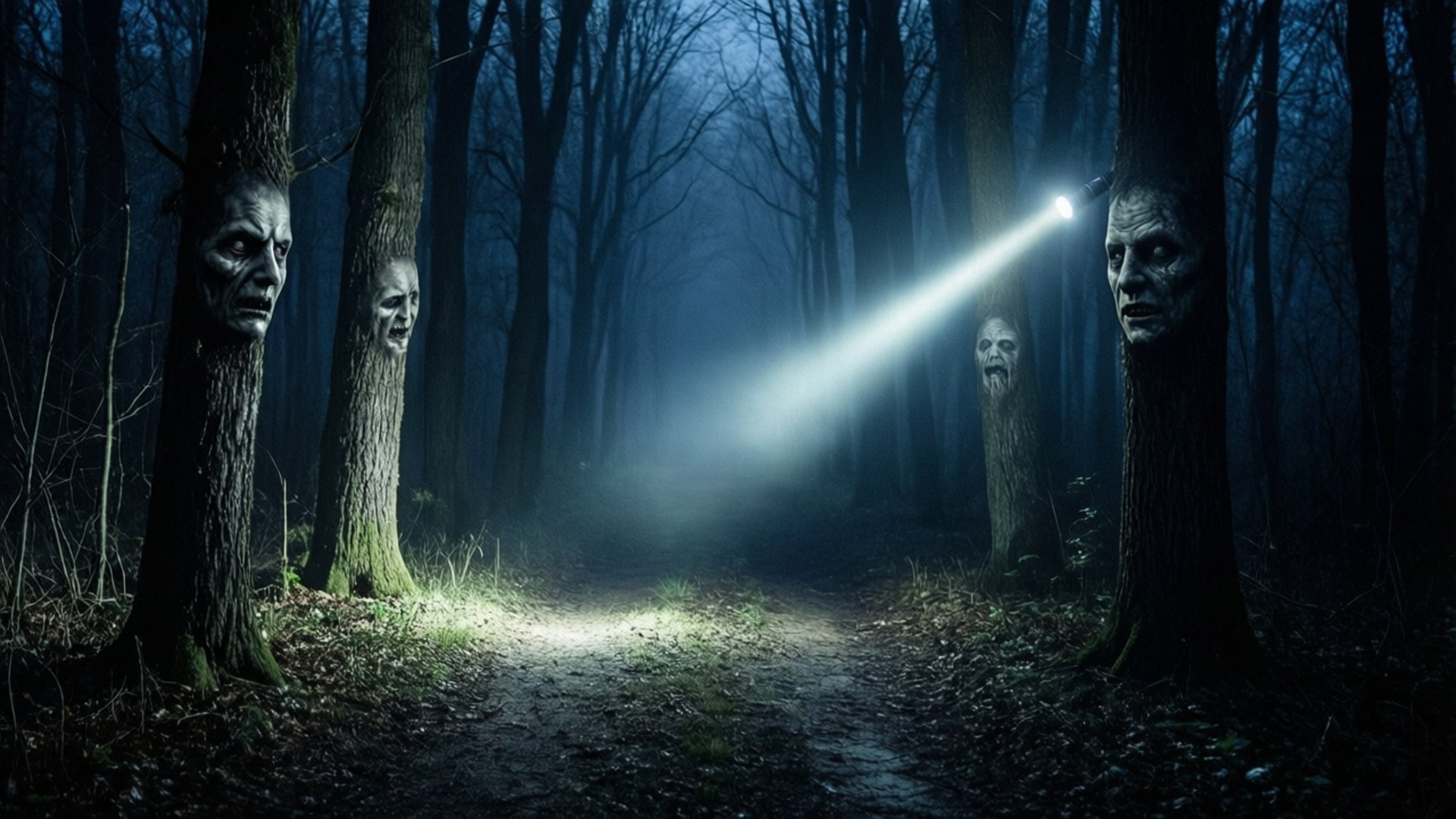 Un sentier forestier nocturne dans Silent Hill éclairé par une lampe de poche, avec des visages d'arbres inquiétants.