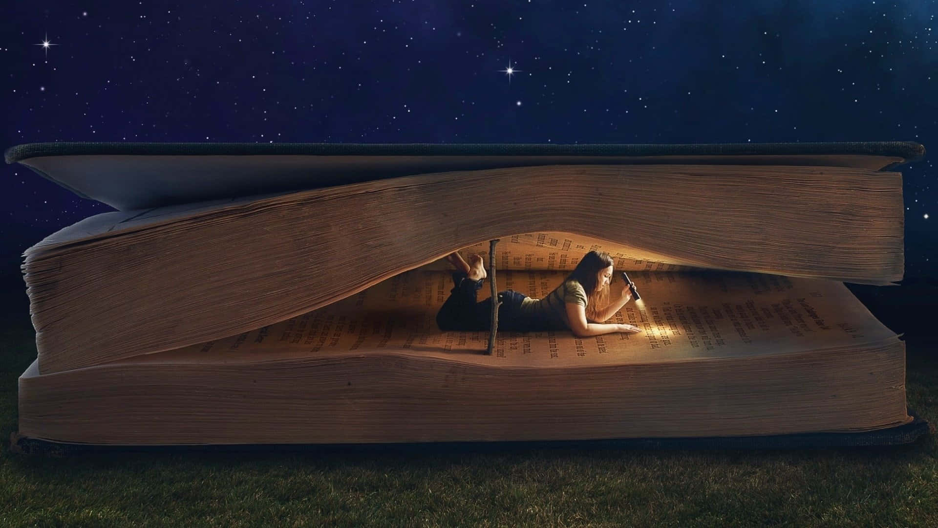 A Woman Is Sitting In An Open Book With A Starry Sky