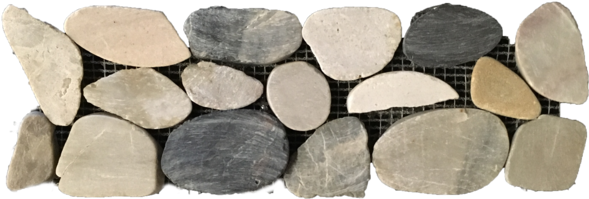 Flat Cobblestone Pattern PNG — A mosaic of smooth river stones in neutral tones arranged on a dark grid against a teal background.