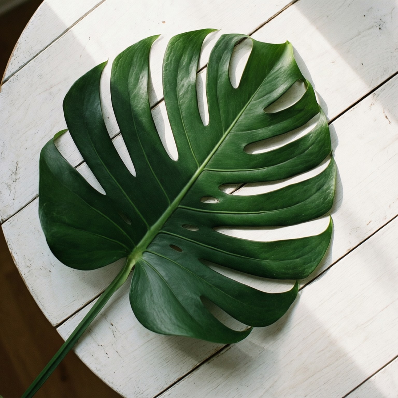 Ein ruhiges Flat Lay eines Monstera-Blattes auf einem weißen Holztisch mit natürlichen Schatten.