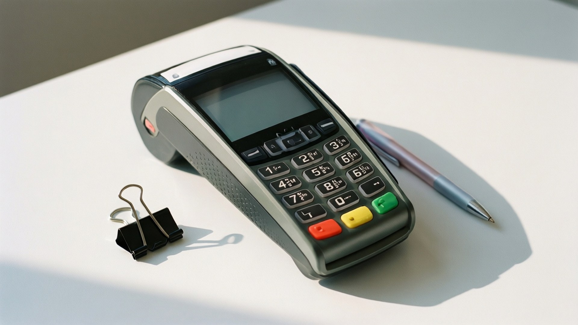 Minimalistisches flaches Layout eines POS-Terminals mit Bürozubehör.