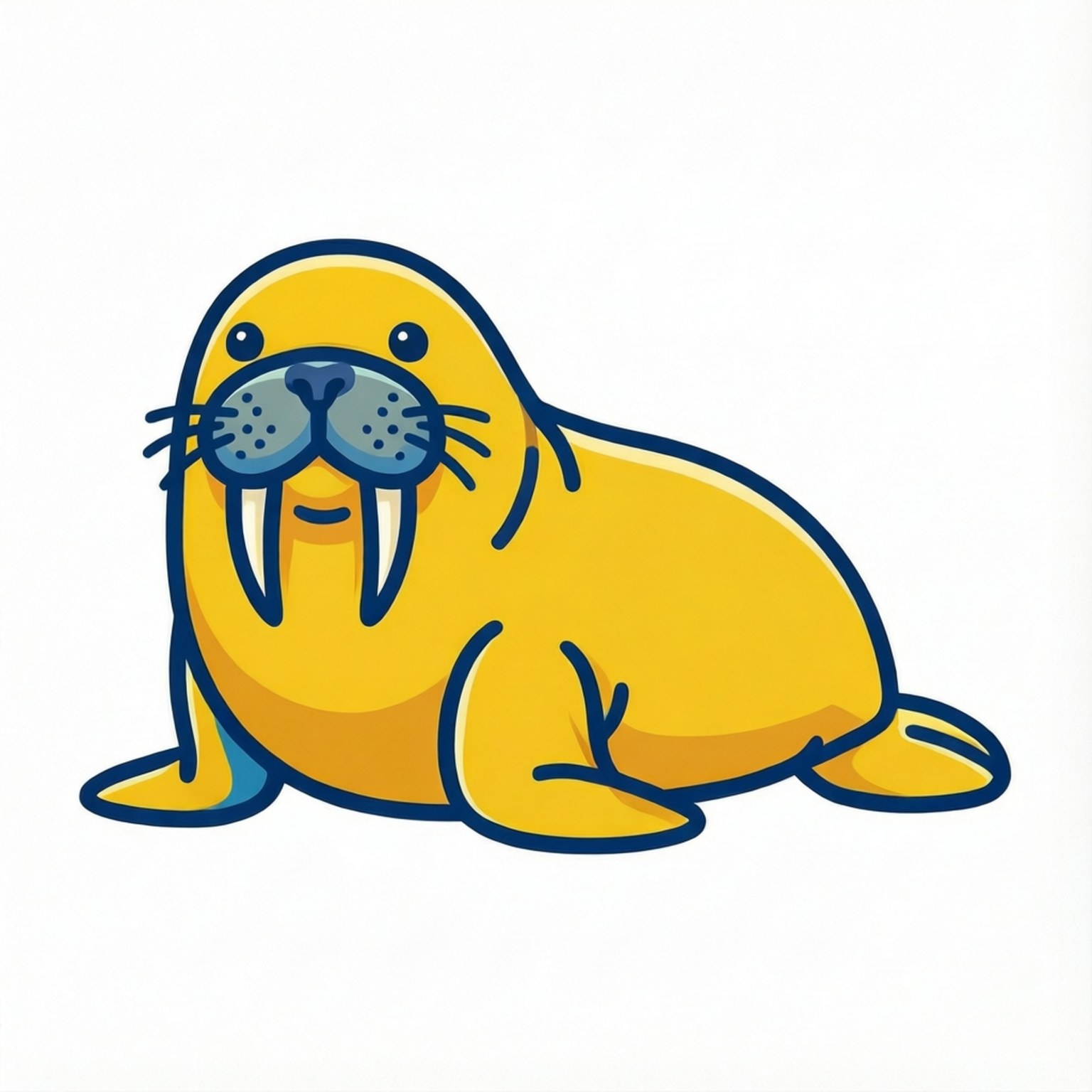 Vektor Walrus Datar Wallpaper — Seekor walrus kartun ceria dengan bulu kuning dan kacamata hitam biru bersantai di latar belakang putih polos.