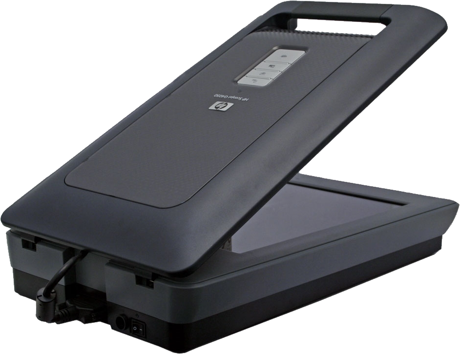 Flatbed Scanner Black Device PNG — A sleek black HP flatbed scanner with lid open against a plain white background.