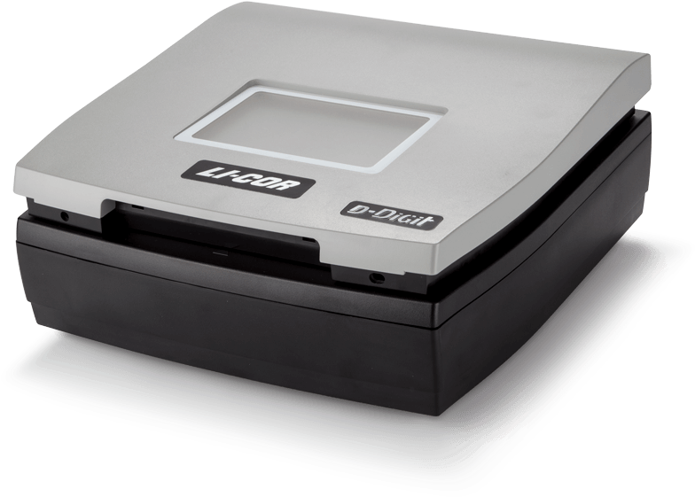 Flatbed Scanner Device PNG — A sleek silver and black LI-COR D-Digit device rests on a white surface against a pure black background.