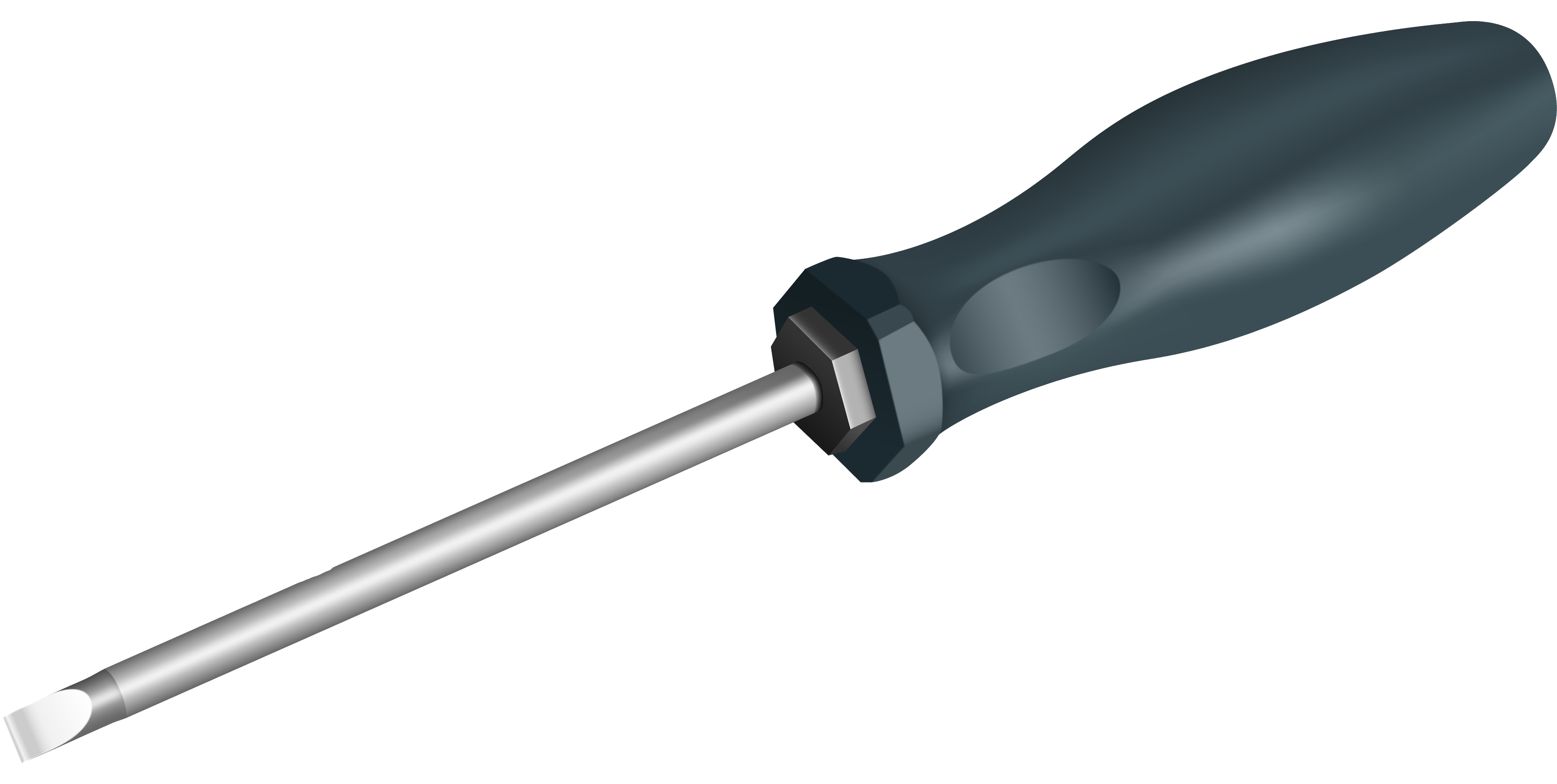Flathead Screwdriver Isolated PNG — A sleek silver screwdriver with a dark gray ergonomic handle isolated on a black background.