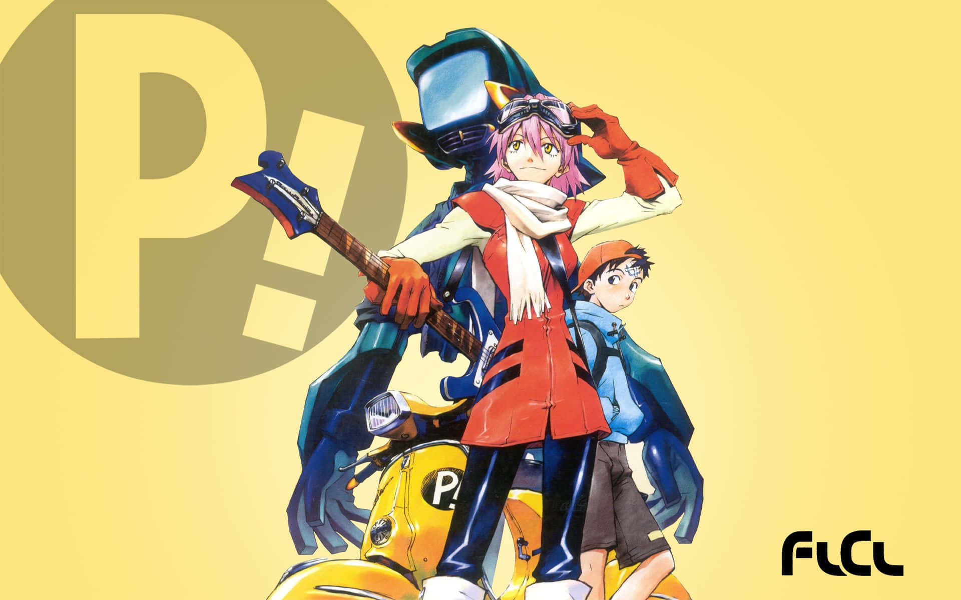 Enjoy this FLCL background wallpaper, with its intriguing characters and mix of comedy and sci-fi