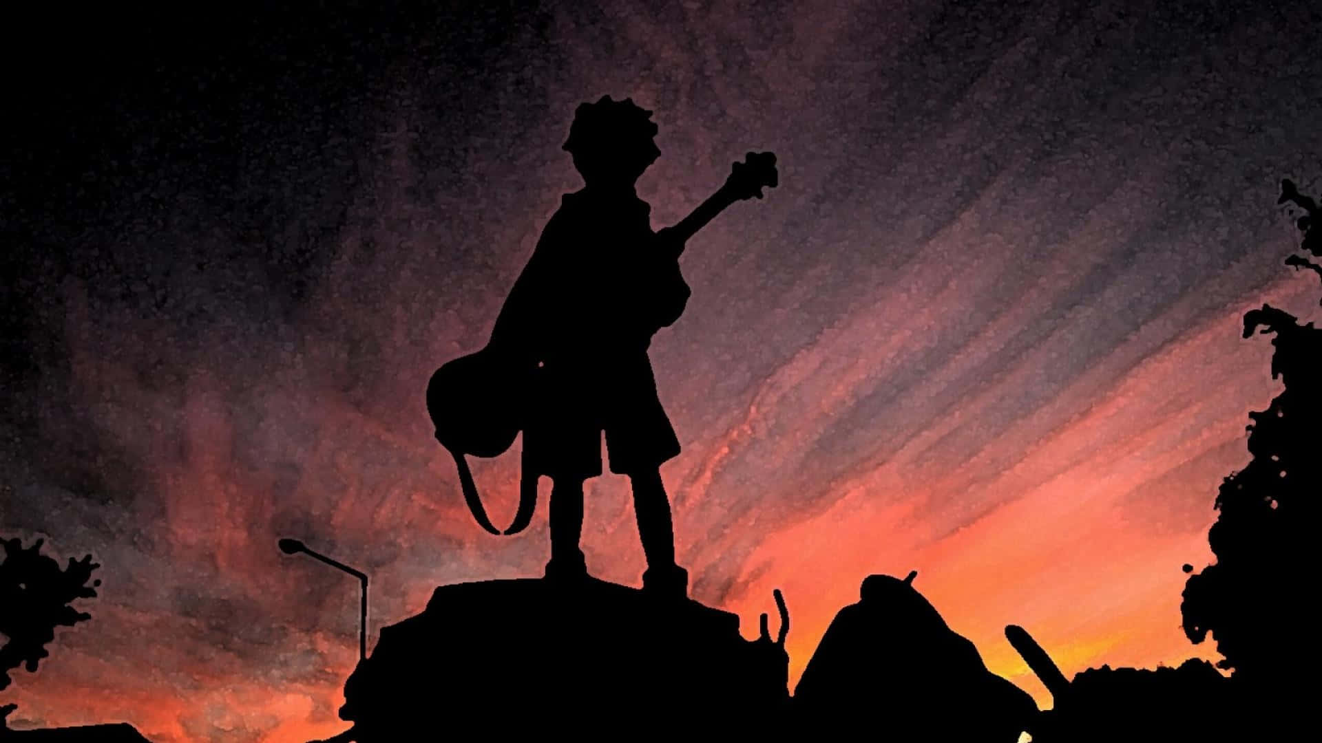 Einesilhouette Eines Jungen, Der Bei Sonnenuntergang Eine Gitarre Hält