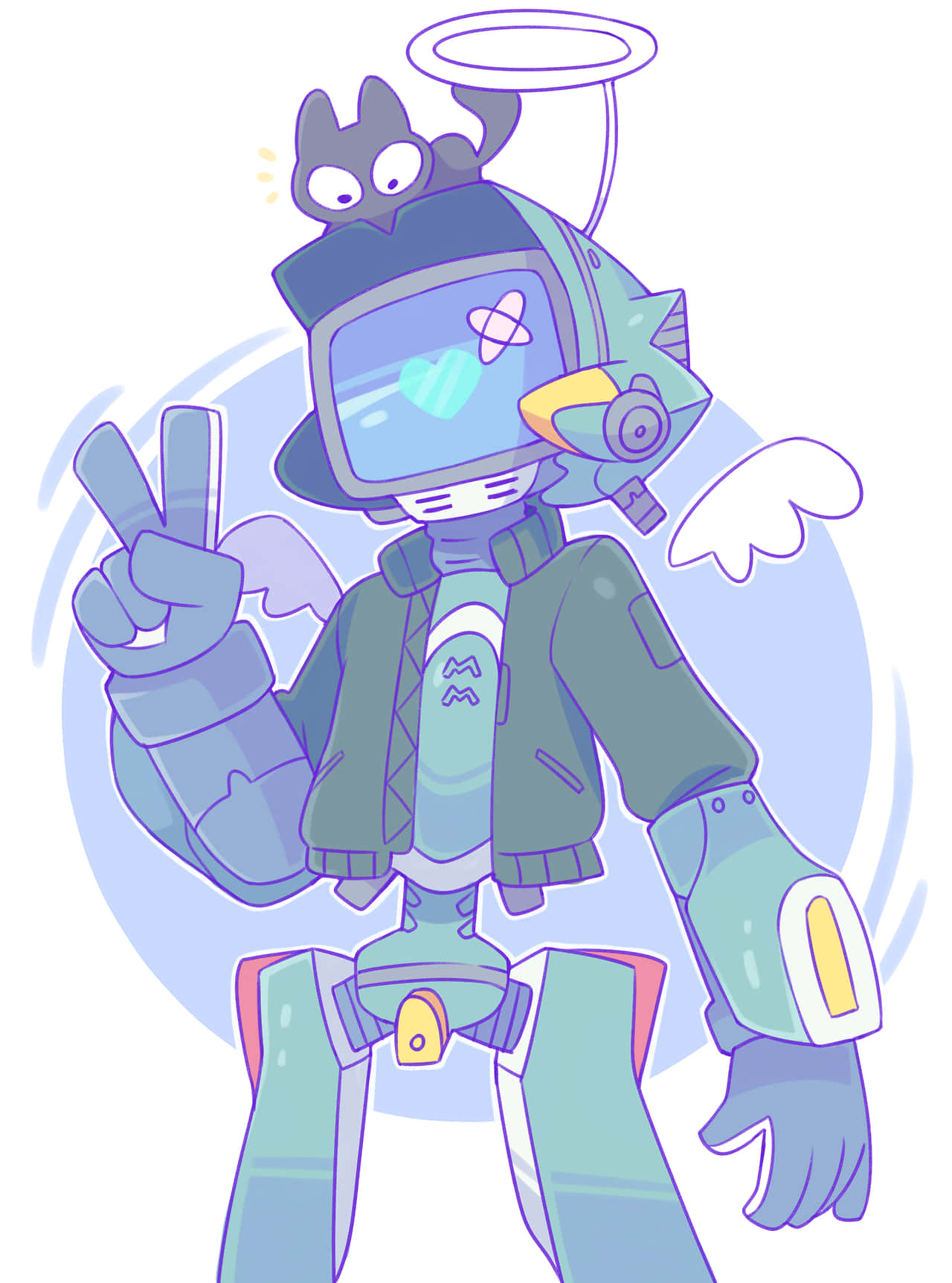 Robotic Character Canti of FLCL Standing Against a Blue Patterned Background Wallpaper