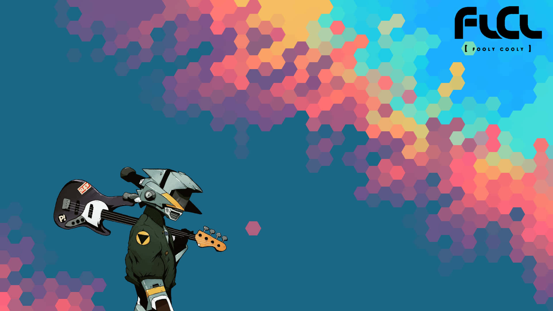 FLCL Canti poses heroically in front of a unique FLCL backdrop Wallpaper