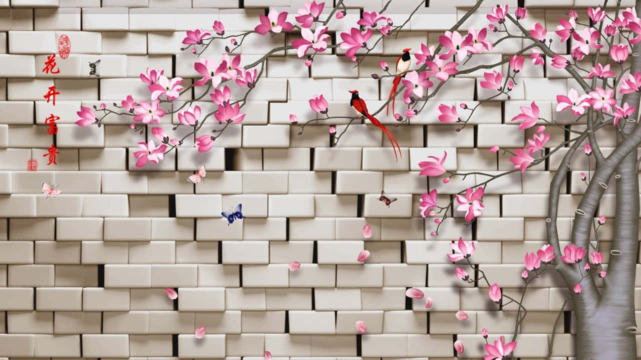 A Brick Wall With Pink Flowers And Birds