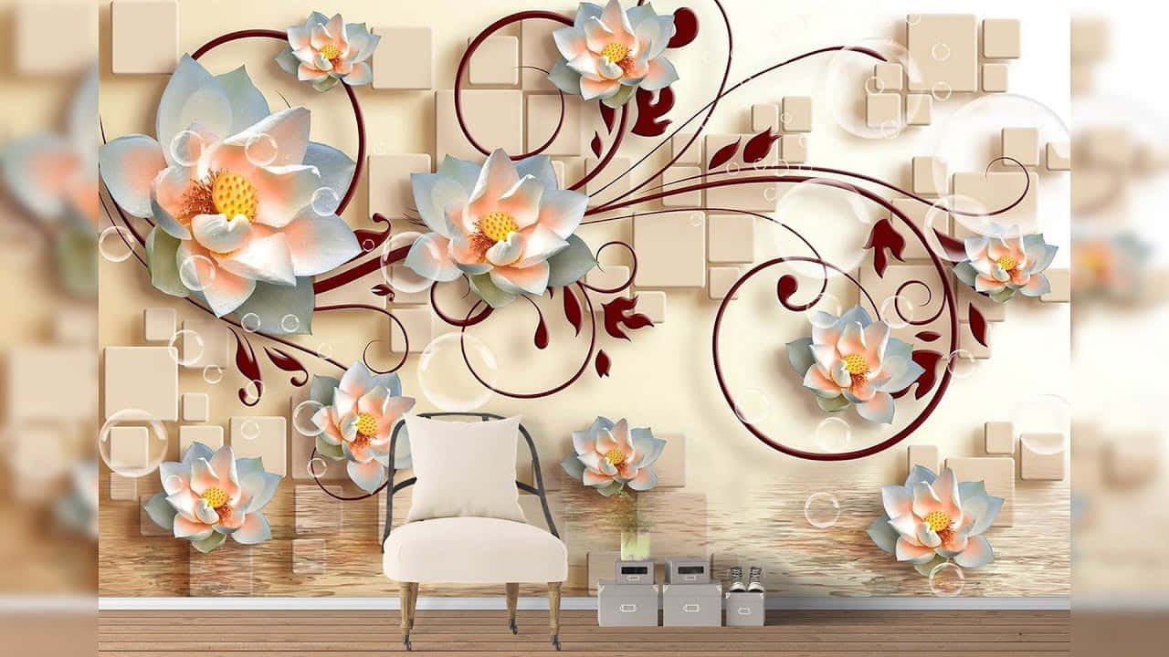3d Wallpaper Mural With Flowers In A Room