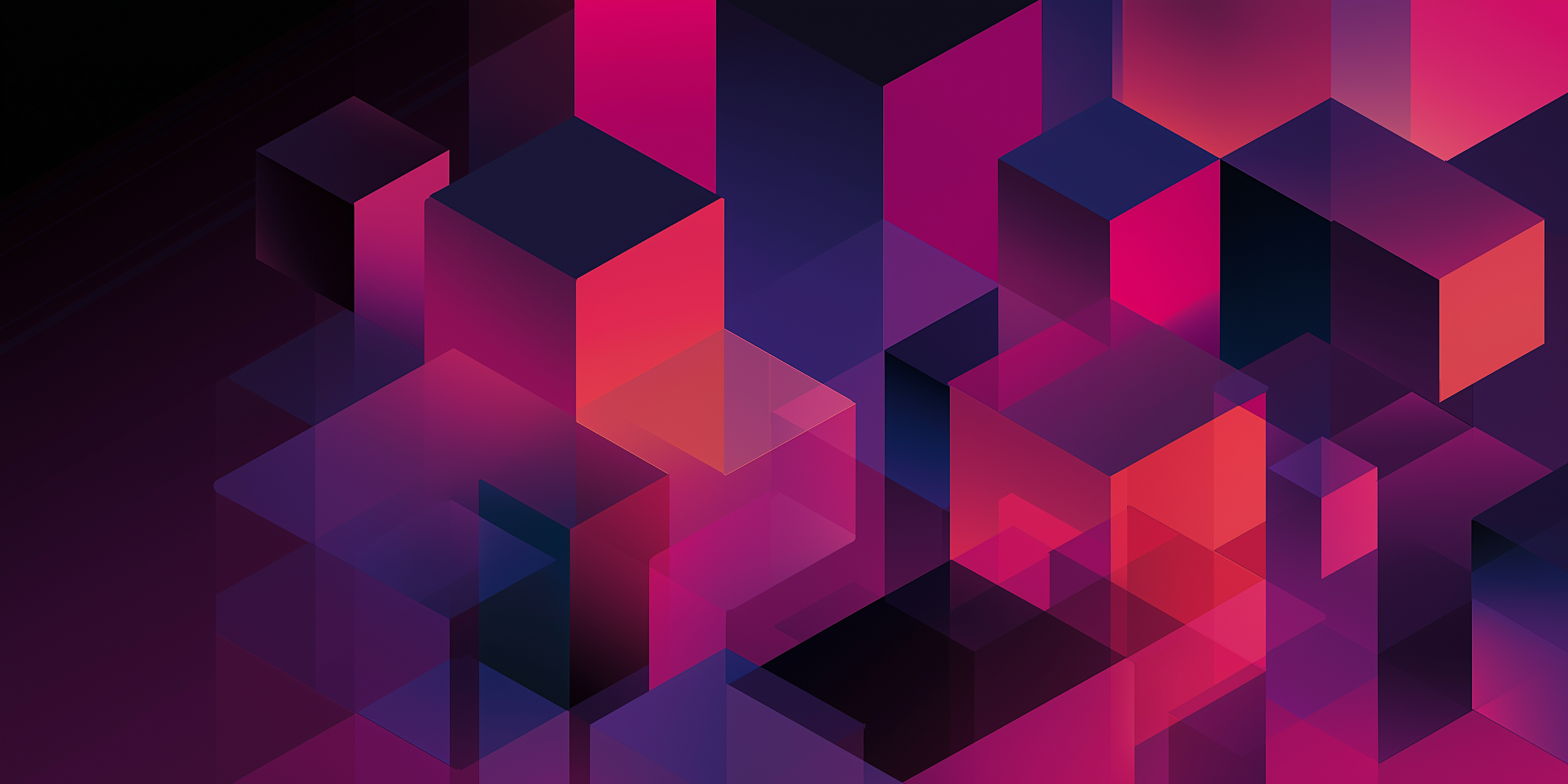 Floating Abstract Cubes PNG — Vibrant geometric cubes in magenta and purple glow against a dark background with soft gradients.