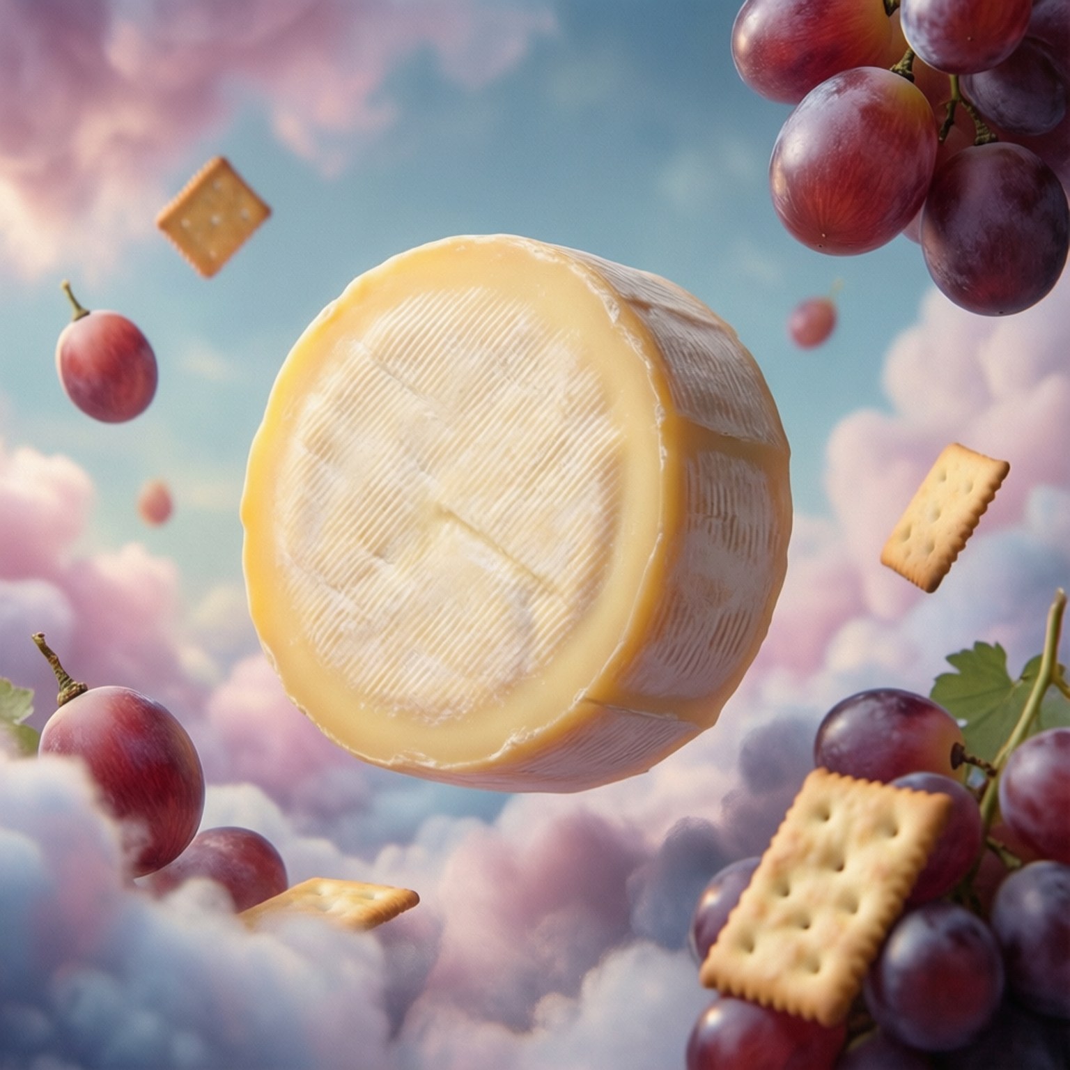 Surreal art of a floating cheese wheel in a dreamscape with grapes and crackers.