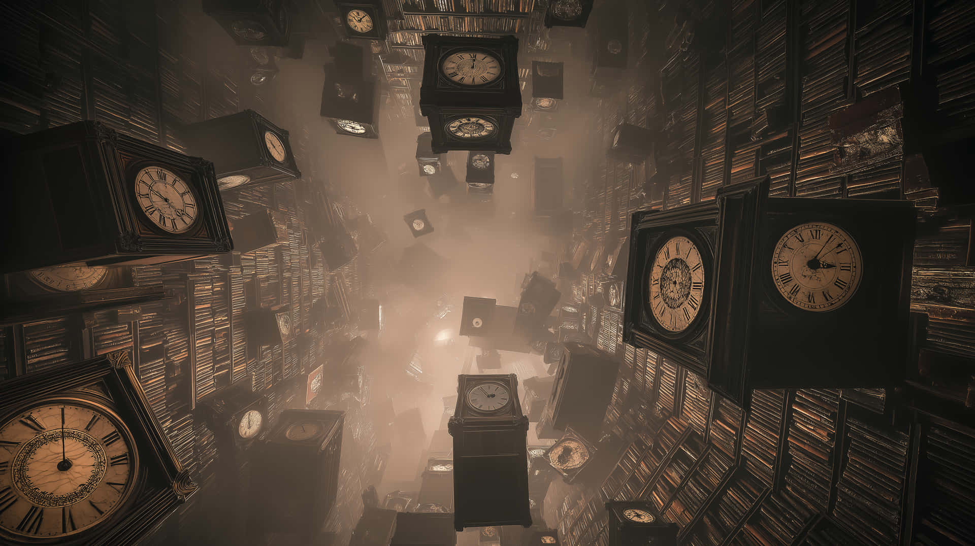 Floating Clocks In A Hazy, Mysterious Endless Library Wallpaper