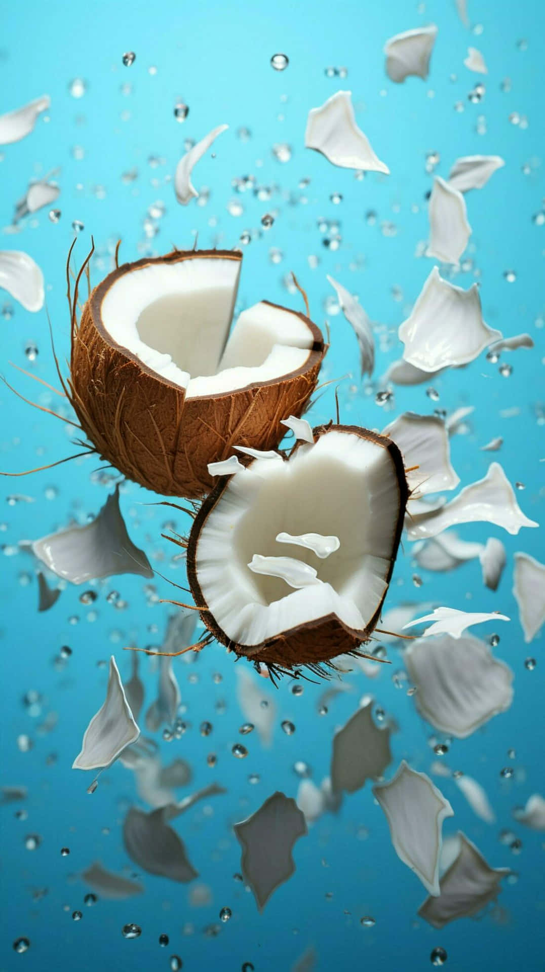 Floating Coconut Halveswith Water Droplets Wallpaper