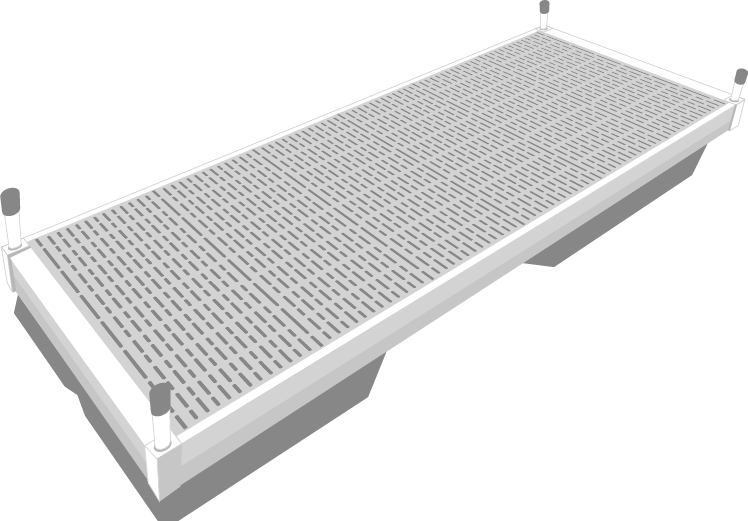 Una representación 3D de un muelle flotante con superficie de rejilla y bolardos de amarre sobre fondo gris.