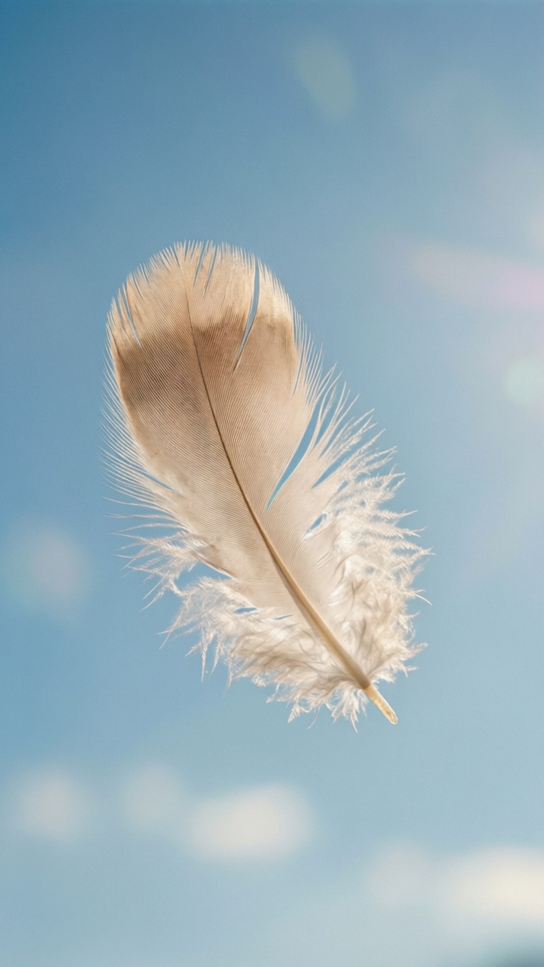 En delikat fjær som flyter mot en myk blå himmel, og skaper et eterisk og drømmeaktig bakgrunnsbilde.