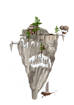 Floating_ Island_with_ House_and_ Airship PNG
