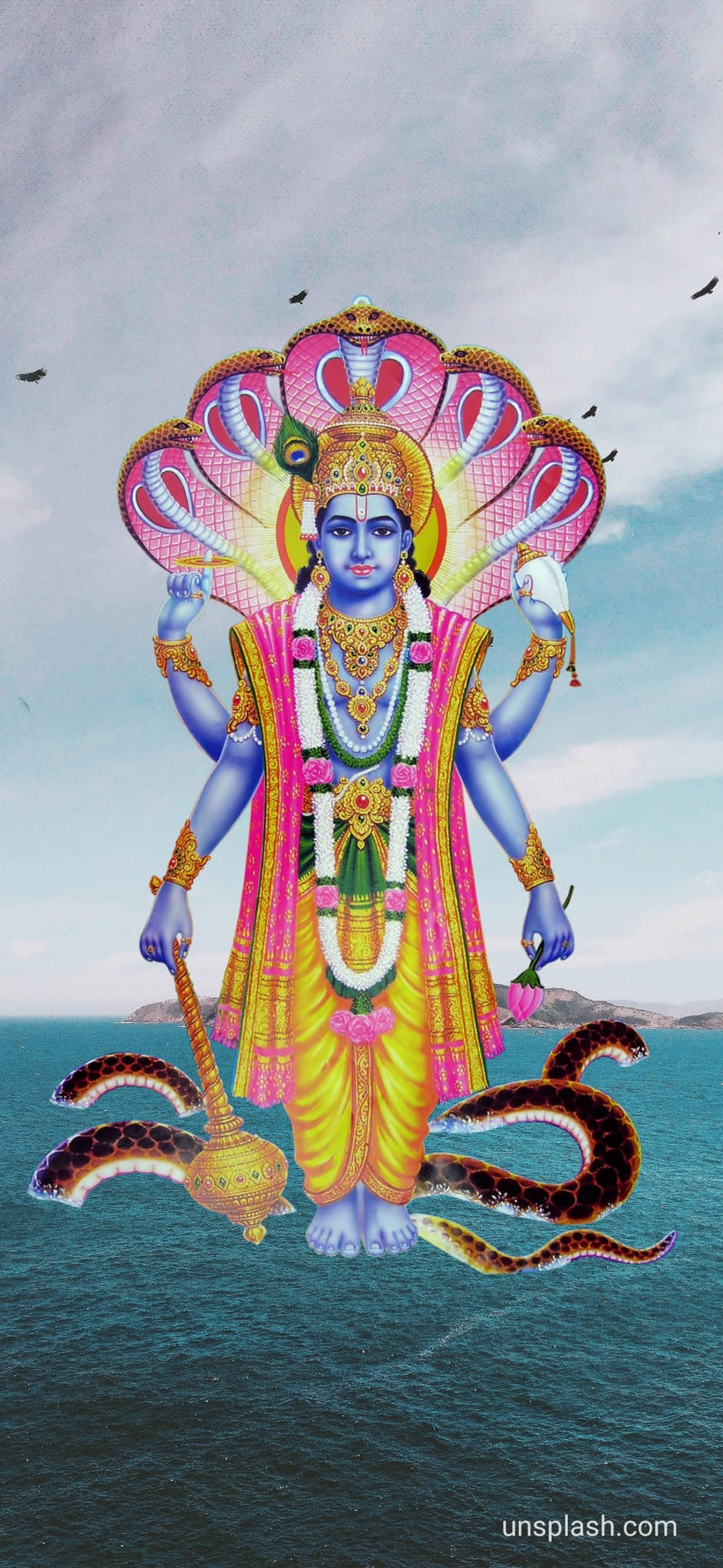 Signore Vishnu Galleggiante Con Cobra Rosa Sfondo