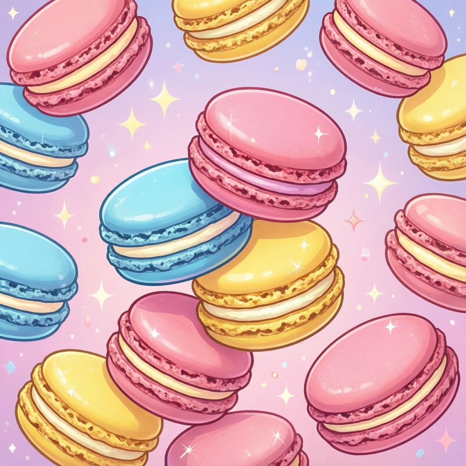Ein süßer Hintergrund mit schwebenden Pastell-Macarons und Glitzer, perfekt für ein niedliches Hintergrundbild.