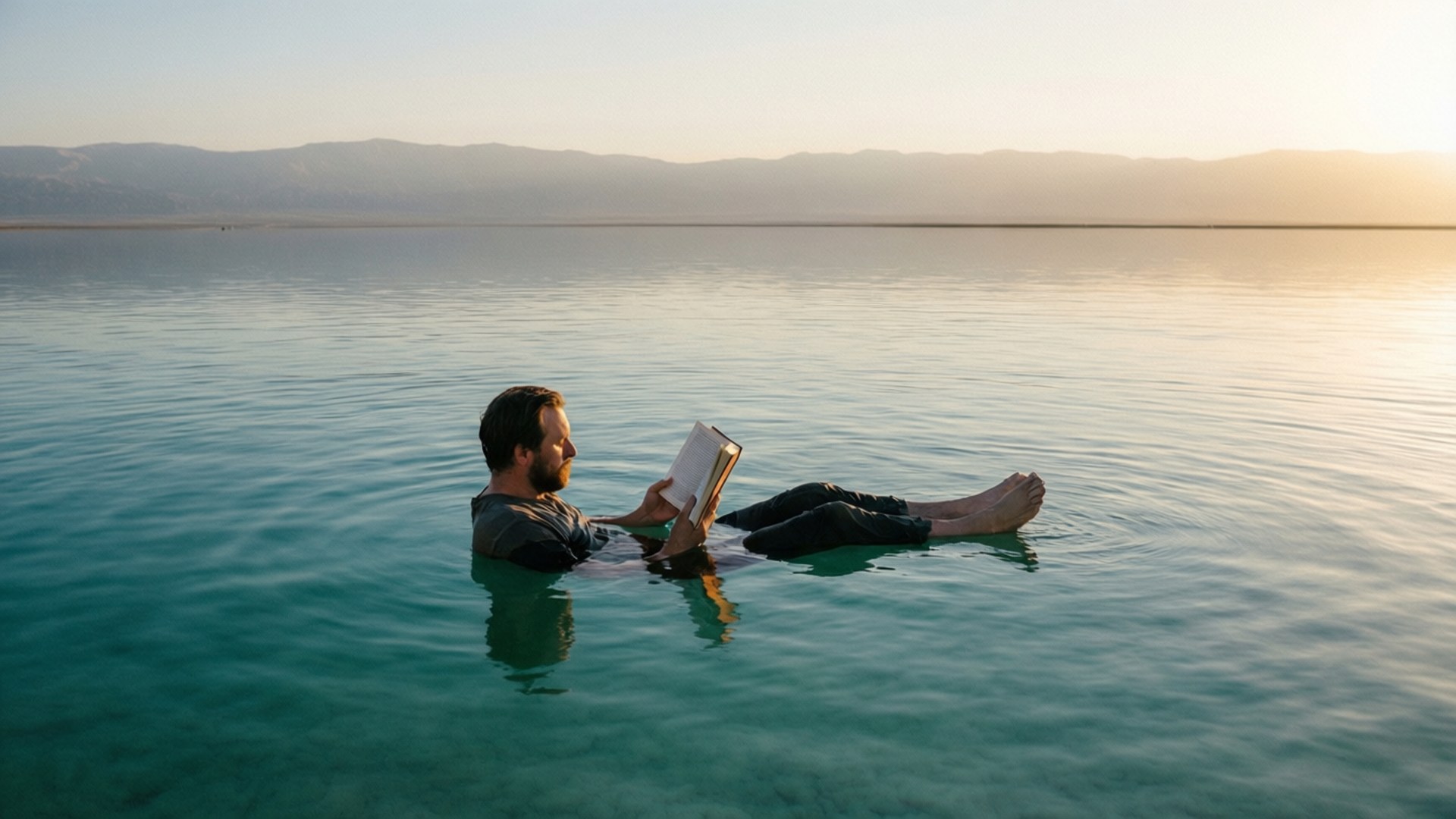 Serene scene of a person floating and reading on the Dead Sea at sunset