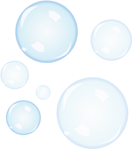 Floating Soap Bubbles Vector PNG — Six translucent light blue bubbles of varying sizes float against a stark black background with soft highlights.