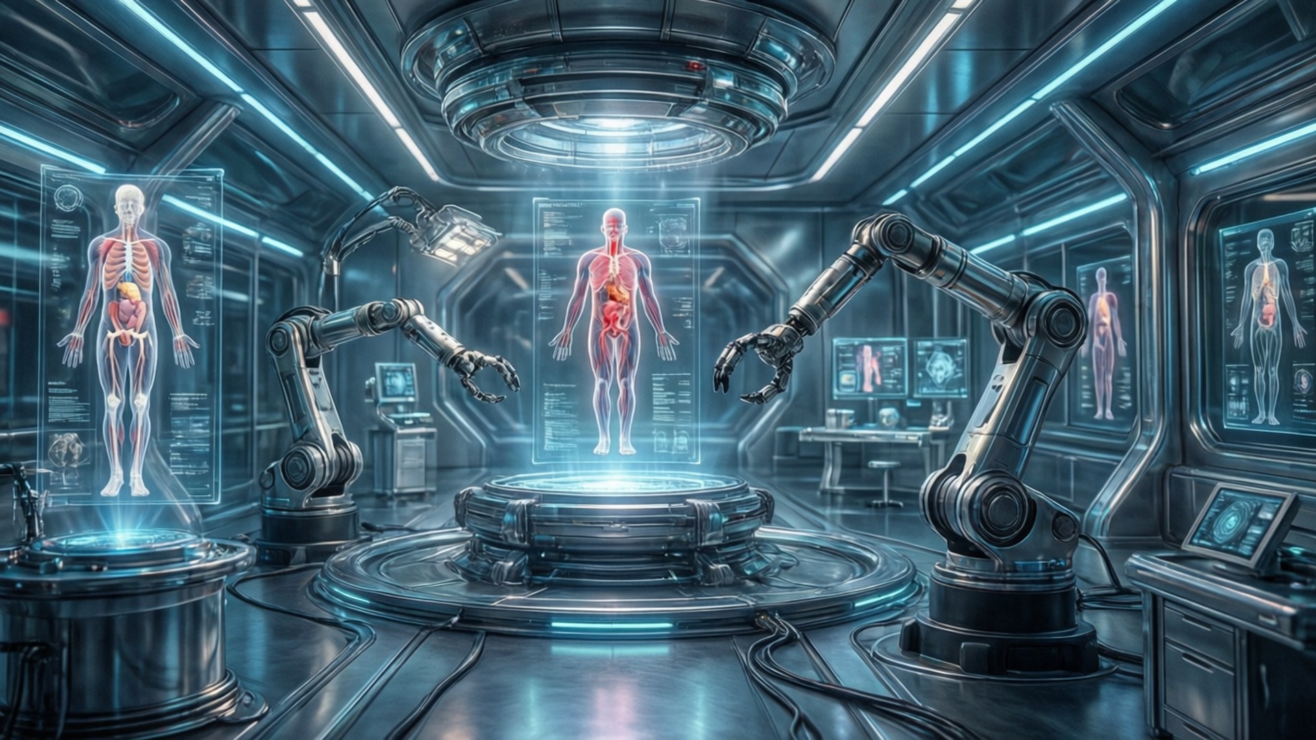 Futuristisk medicinsk facilitet med flydende robotteknologi og hologrammer
