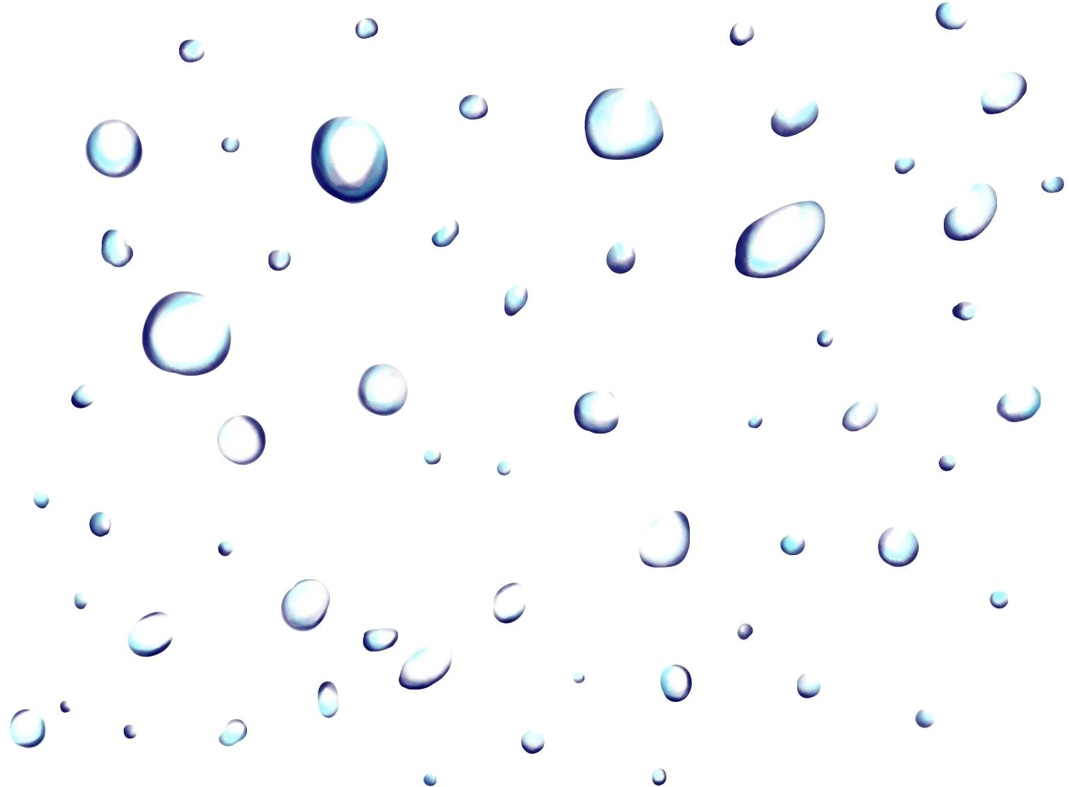 Floating Water Droplets Pattern PNG — Glistening blue and white water droplets float against a stark black background in a scattered pattern.