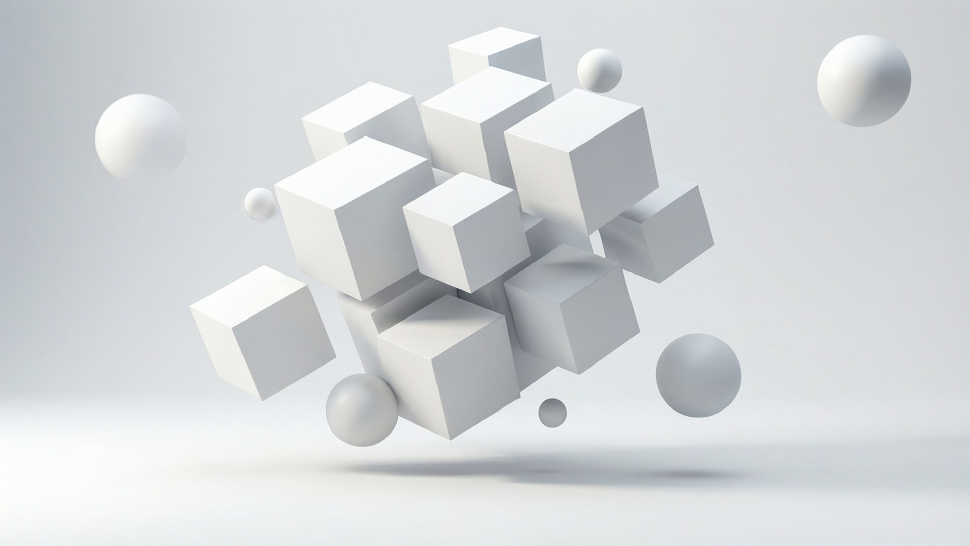 Floating white cubes and spheres in a minimalist studio setting. wallpaper