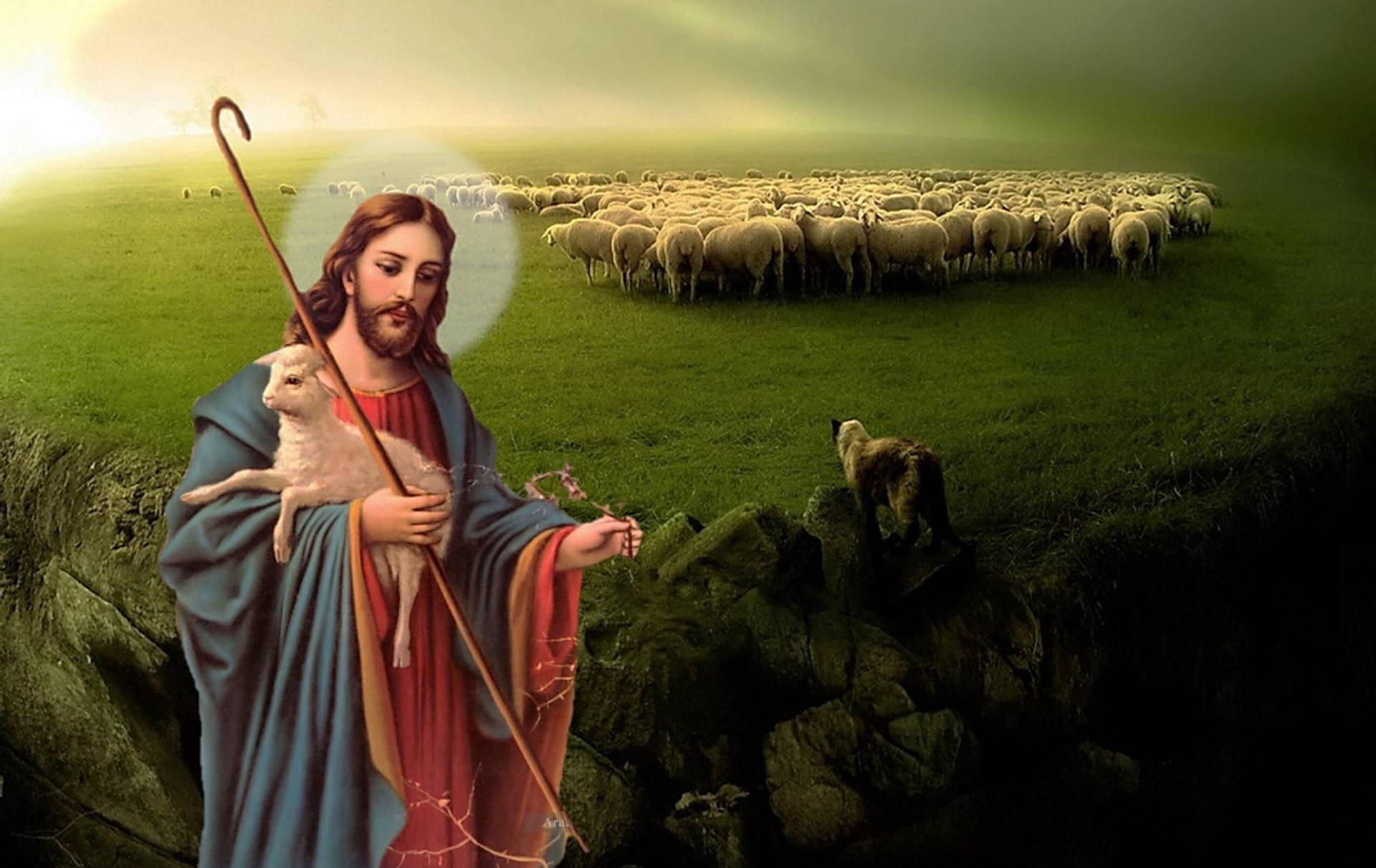 Flock Of Sheep And Jesus Desktop Wallpaper