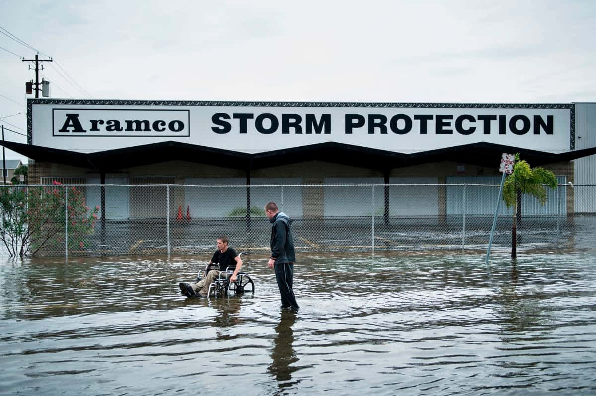 A village is submerged in a massive flood.