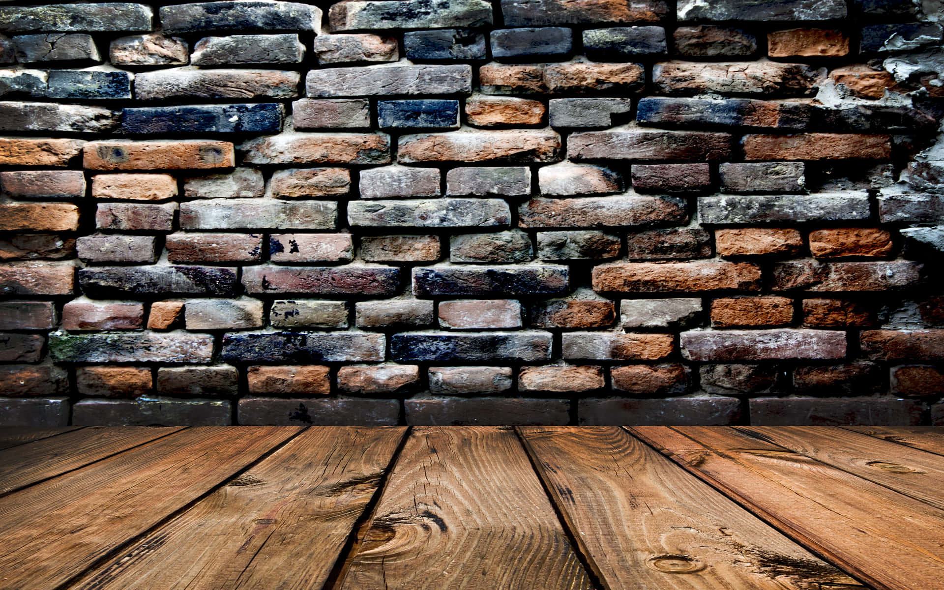 An Old Brick Wall With Wooden Floor