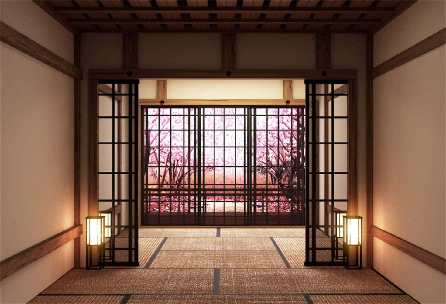 A Japanese Style Hallway With A Door And A Lamp
